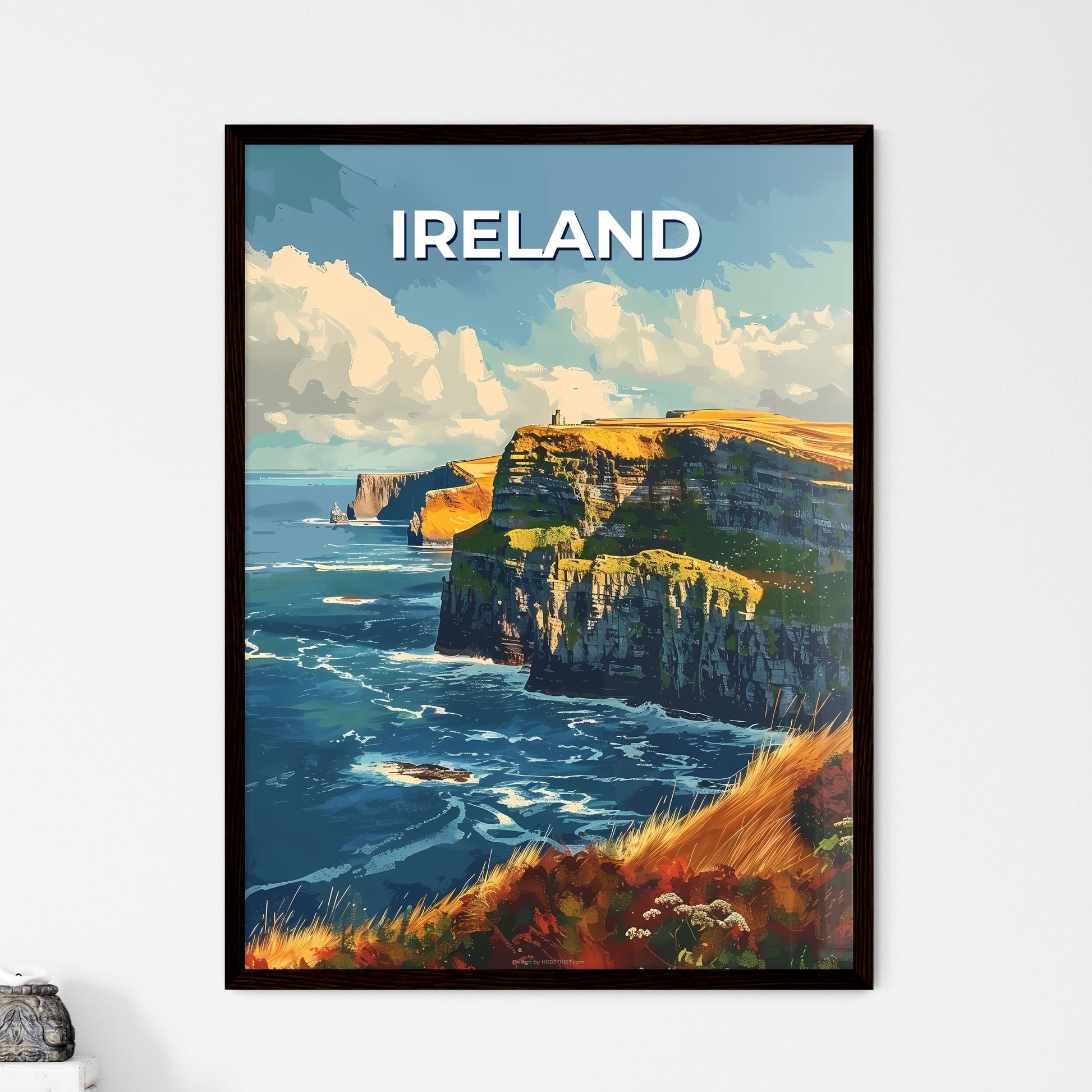 Vibrant Artistic Painting of an Irish Cliff and Water with Clouds, Europe Landscape Art