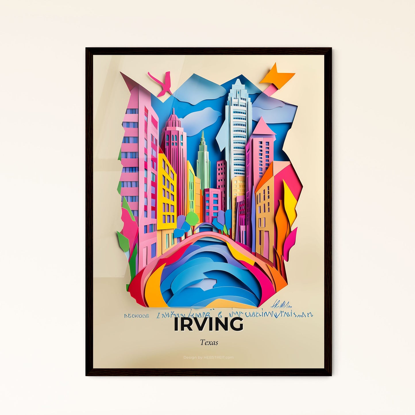 Vivid Irving, Texas - a paper cut of a city with a river