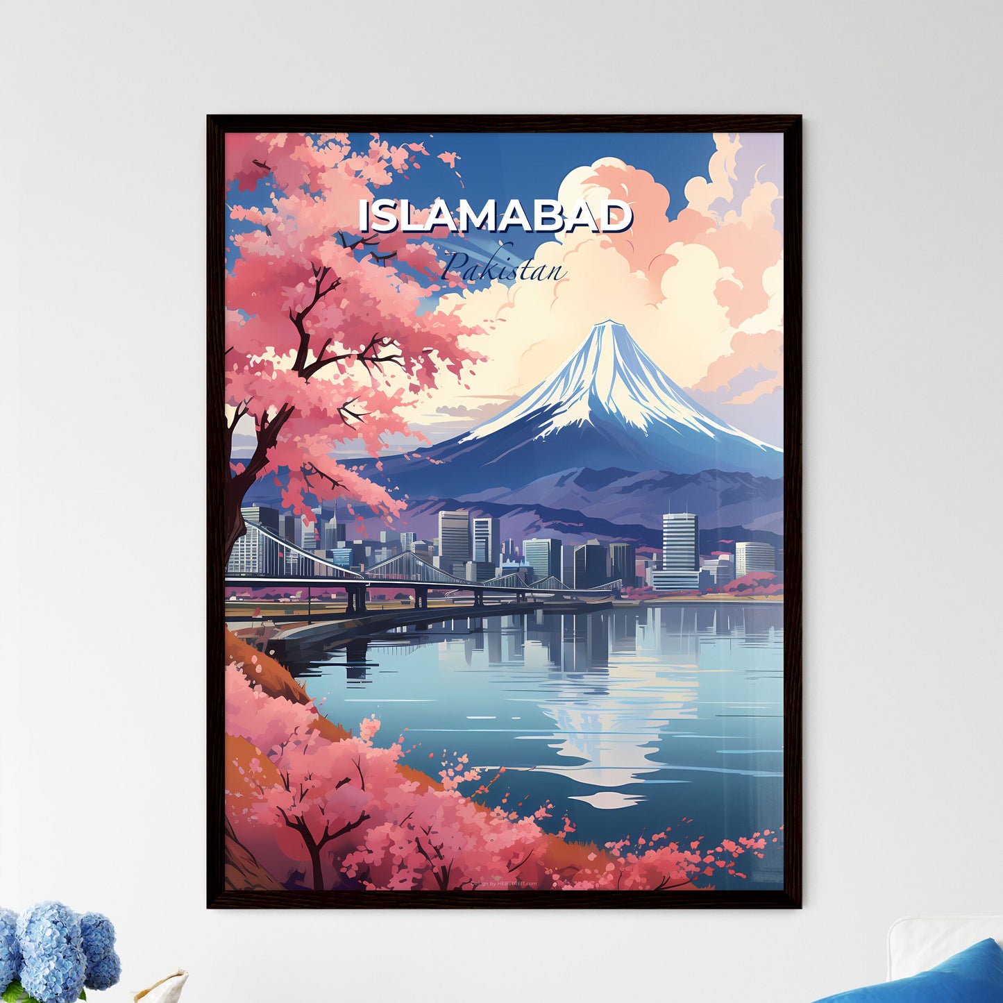 Vibrant Painting Depicting the Cityscape of Islamabad, Pakistan, Showcasing a Bridge and Majestic Mountain Default Title