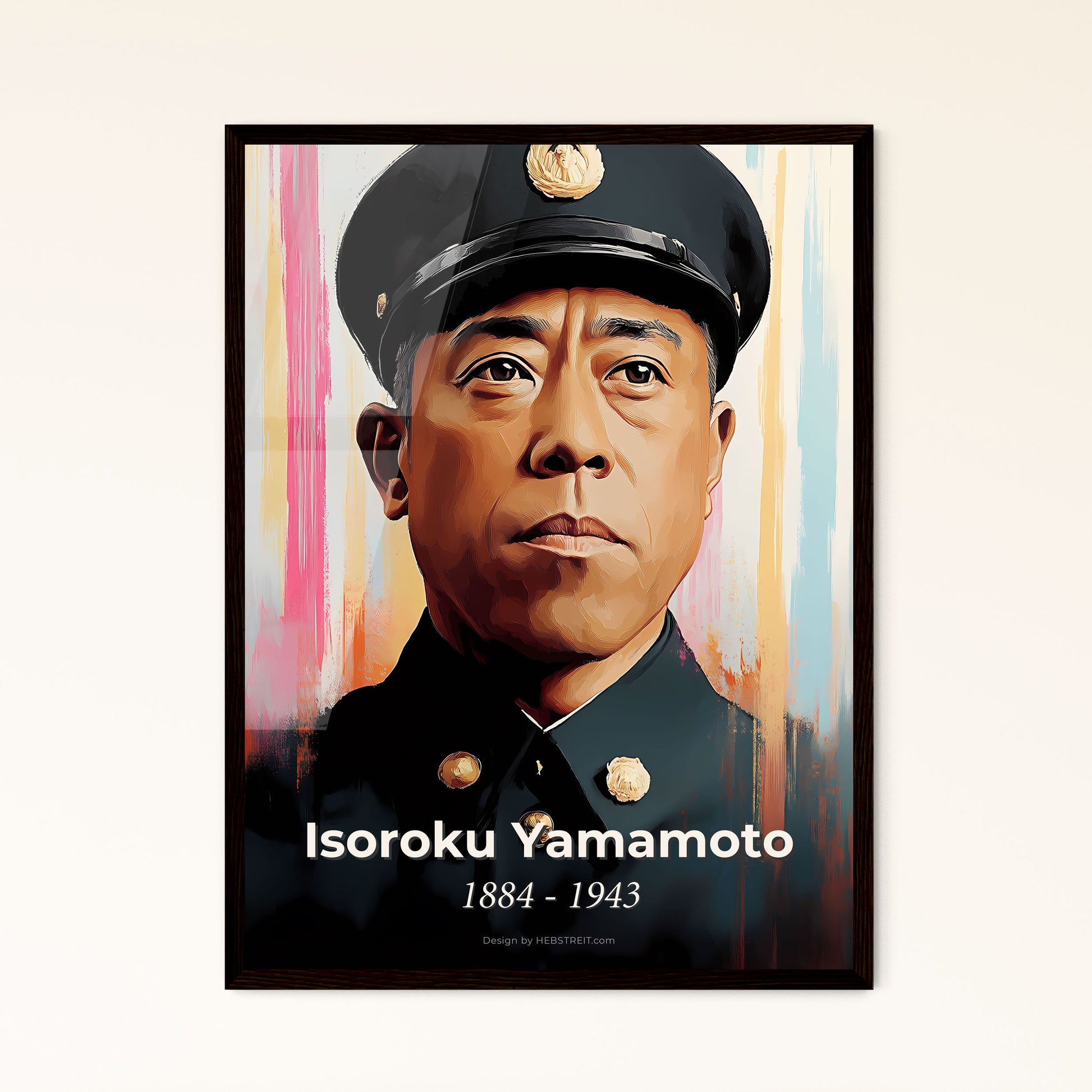 Portrait of Isoroku Yamamoto, 1884 - 1943. Impressionistic painting of a man in uniform with a hat.