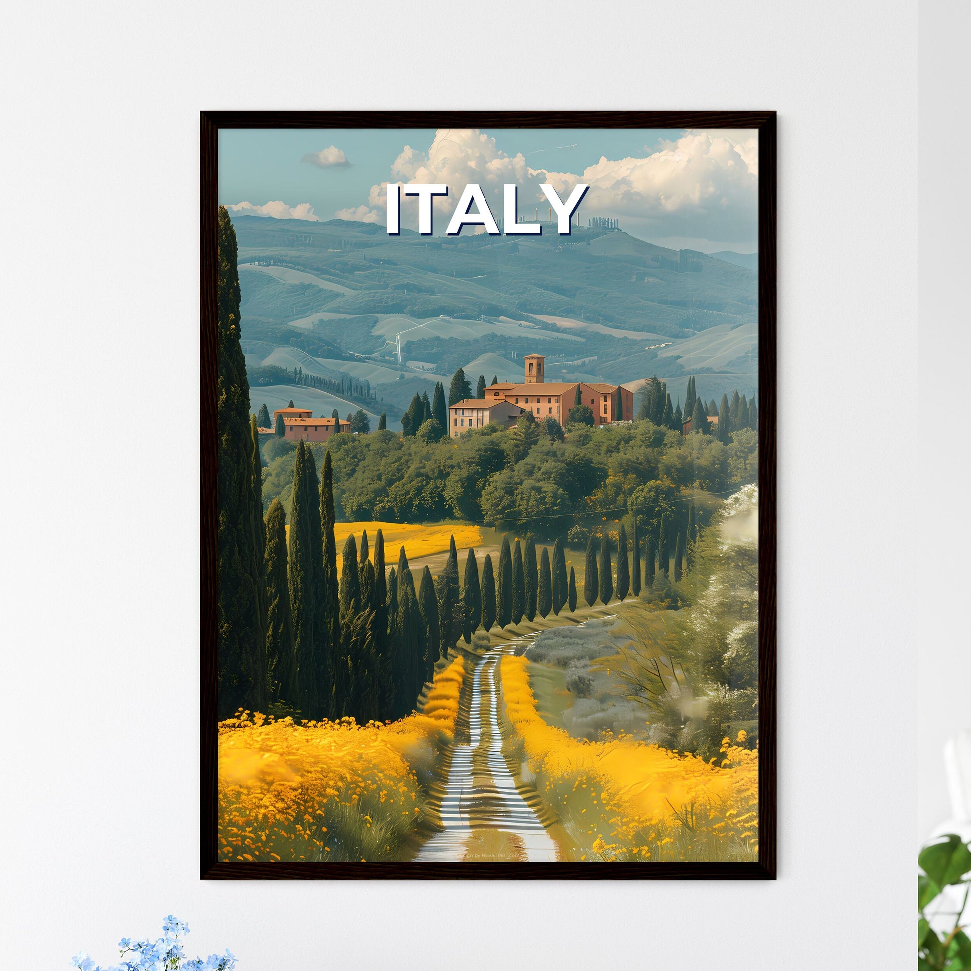 Vibrant Italian Valley Landscape Painting with Road, Trees, and Buildings