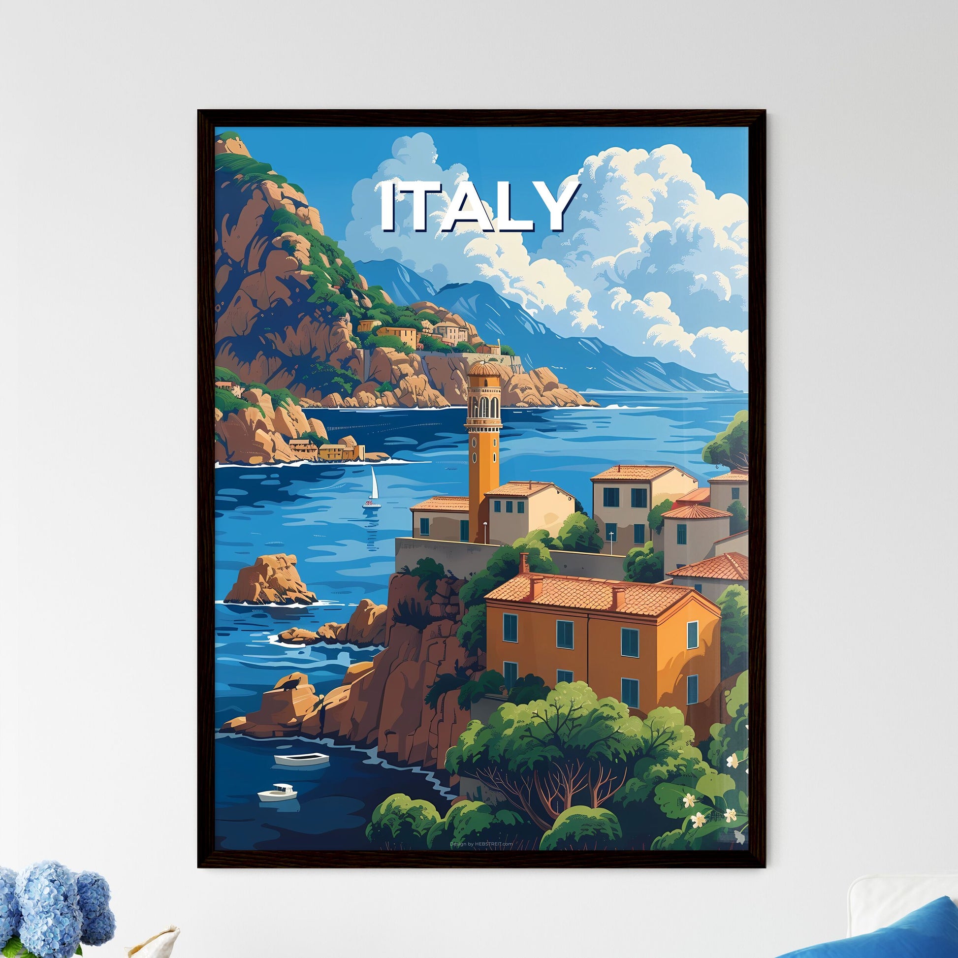 Striking Art Print: Vibrant Italian Coastal Town on Rocky Shores, Europe, Painting, Artistic