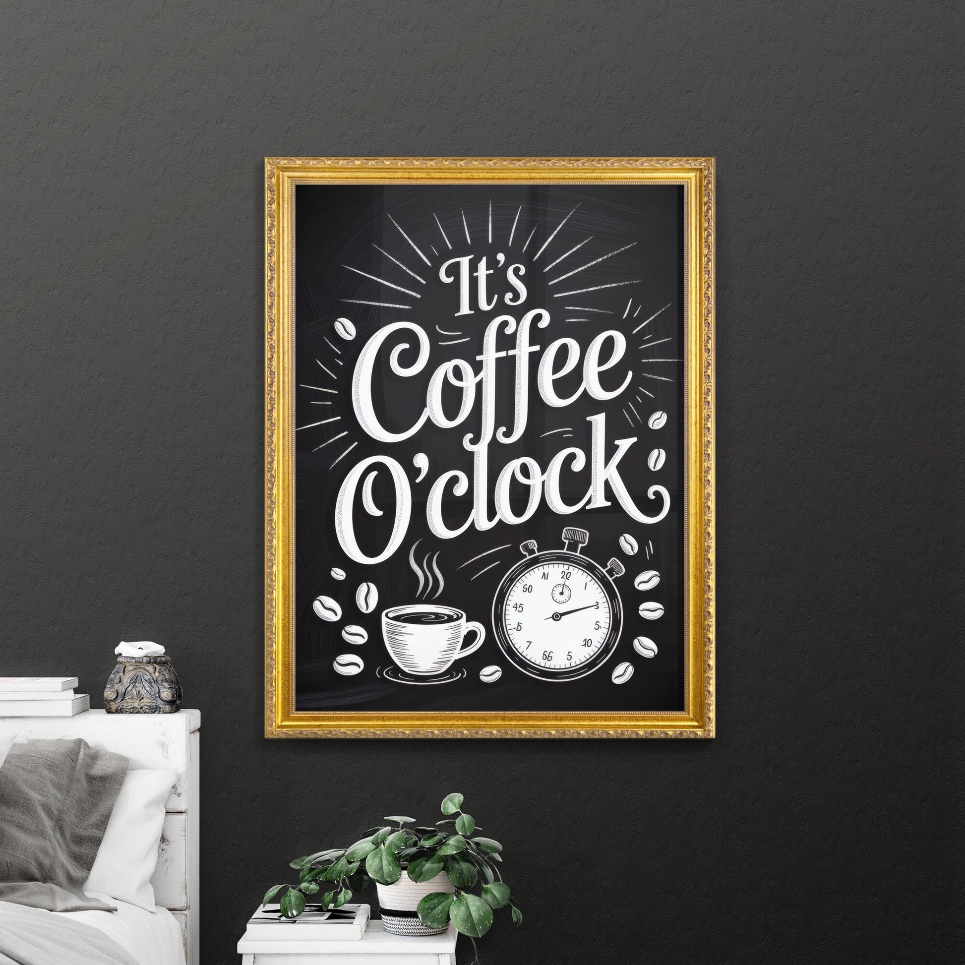 It's Coffee O'clock: A Whimsical illustration celebrating coffee moments with charming typography and playful imagery.