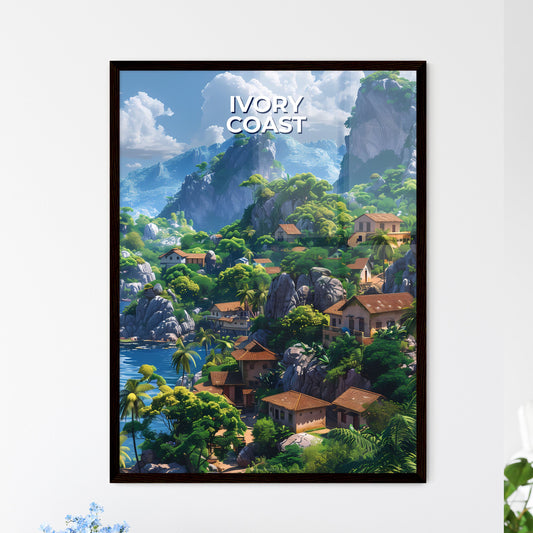 Vibrant Ivory Coast Village Landscape Painting in African Mountains and Water Framed Art