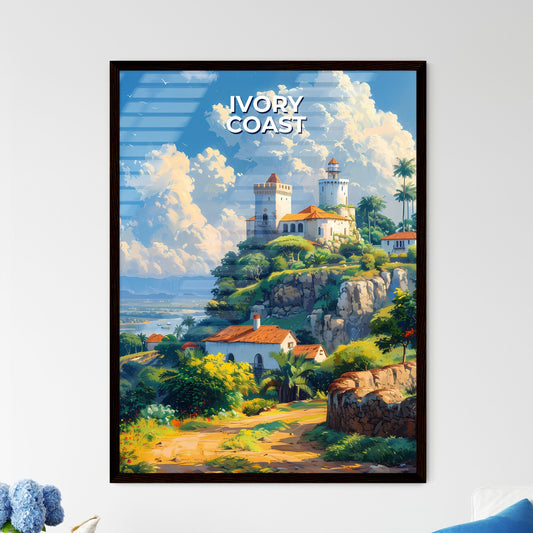 Vibrant African Art Depicting Ivory Coast Castle on a Hill with Water and Trees Framed Art
