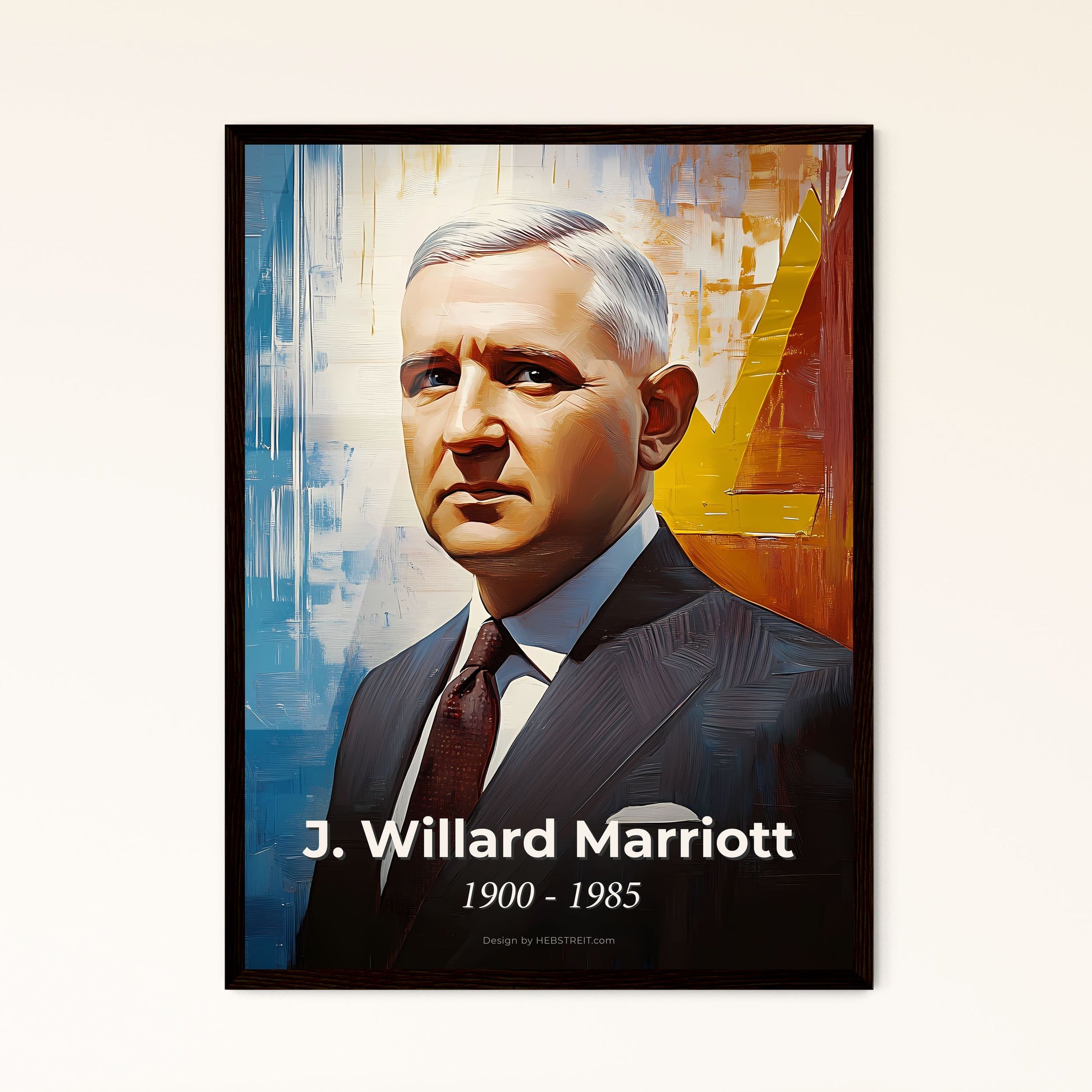 Portrait of J. Willard Marriott, 1900 - 1985. Impressionistic painting of a man in a suit.