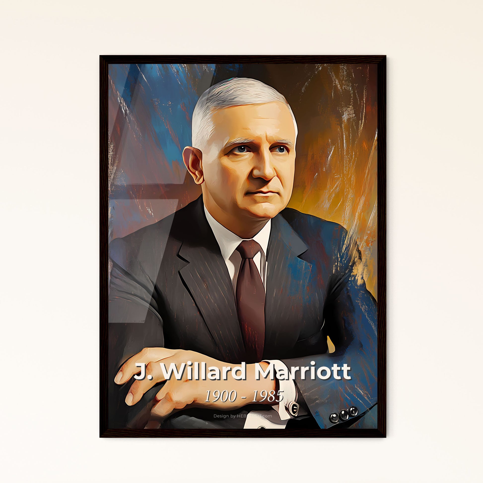 Portrait of J. Willard Marriott, 1900 - 1985. Impressionistic painting of a man in a suit and tie.