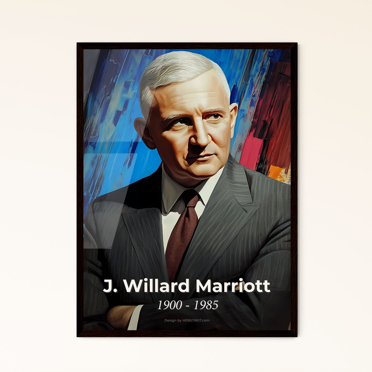 Portrait of J. Willard Marriott, 1900 - 1985. Impressionistic painting of a man in a suit with his arms crossed.