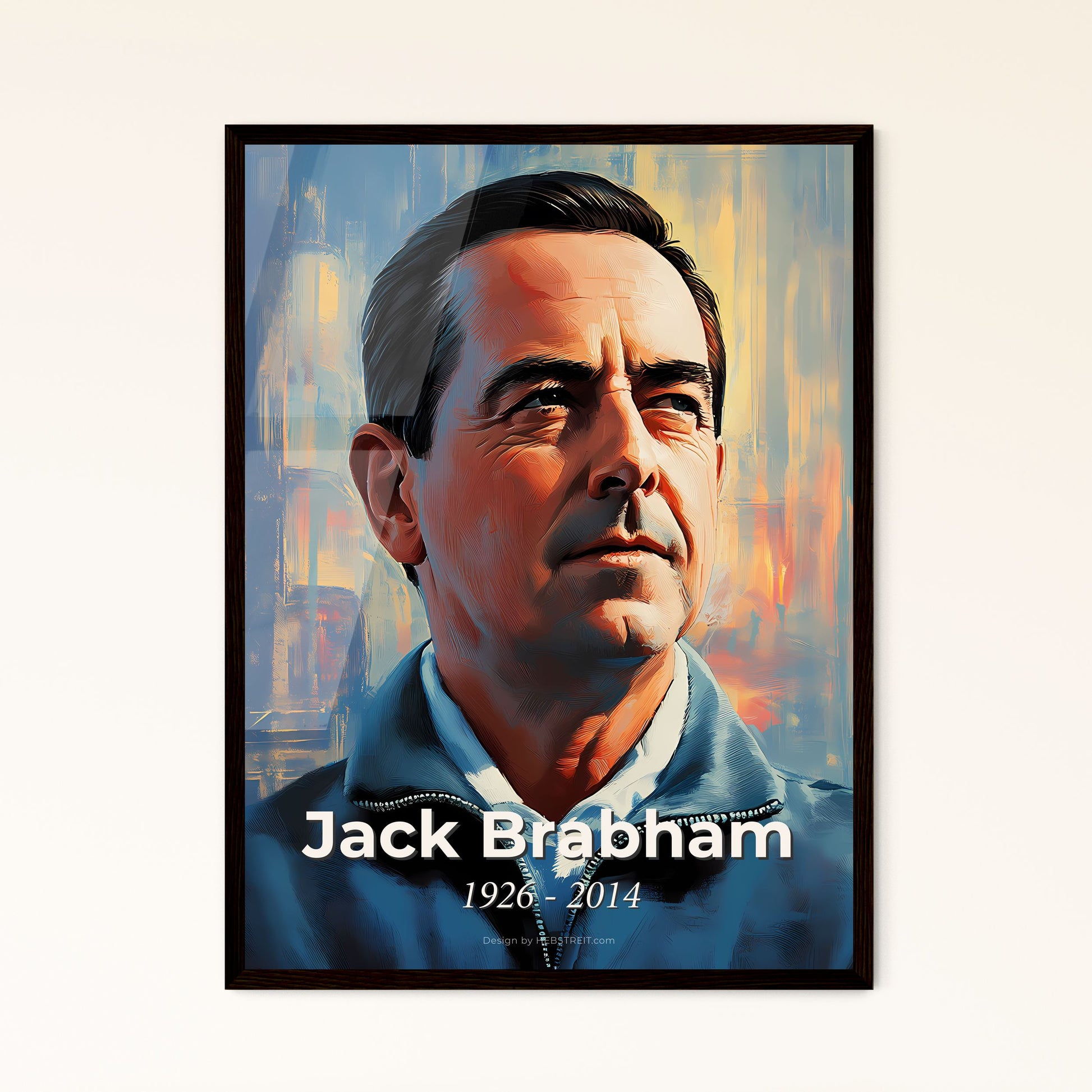 Portrait of Jack Brabham, 1926 - 2014. Impressionistic painting of a man looking up with a blue jacket.