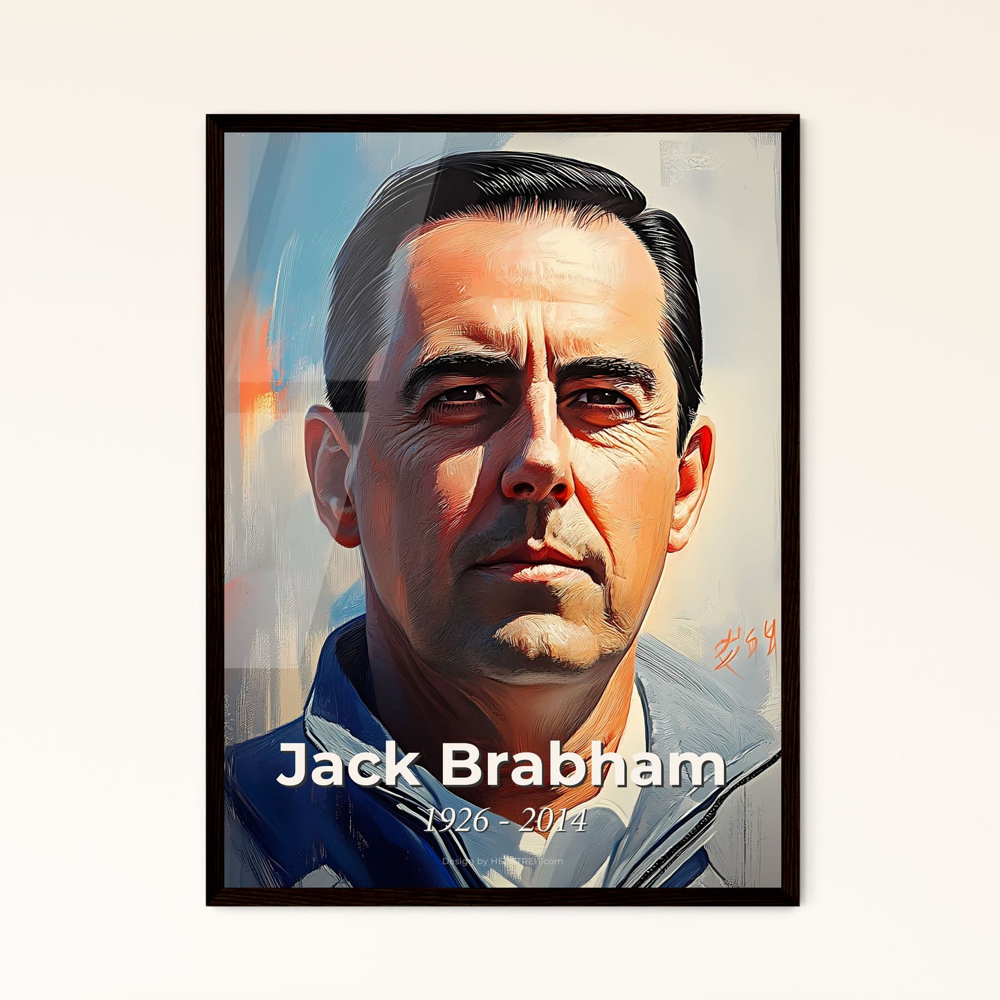 Portrait of Jack Brabham, 1926 - 2014. Impressionistic painting of a man with short hair wearing a blue jacket.