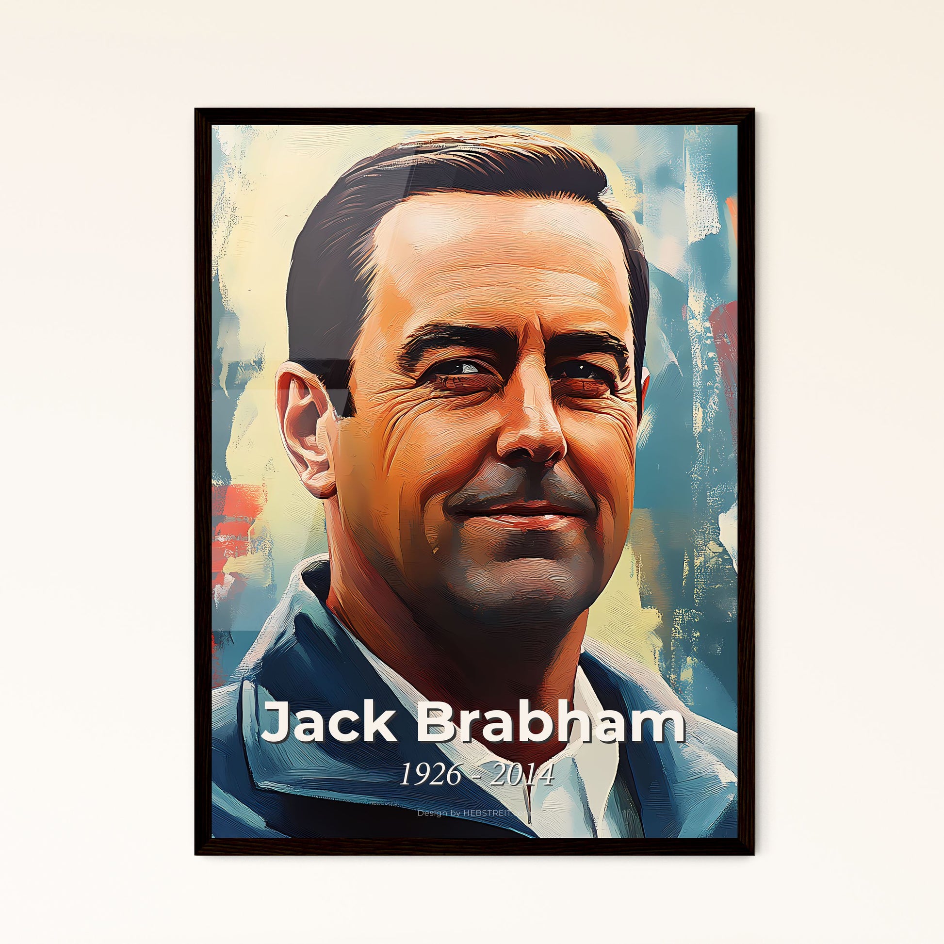 Portrait of Jack Brabham, 1926 - 2014. Impressionistic painting of a man with short hair wearing a blue jacket.