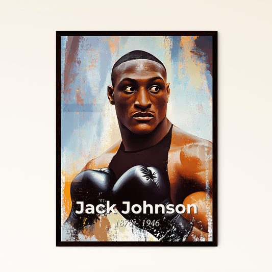 Portrait of Jack Johnson, 1878 - 1946. Impressionistic painting of a man wearing boxing gloves.