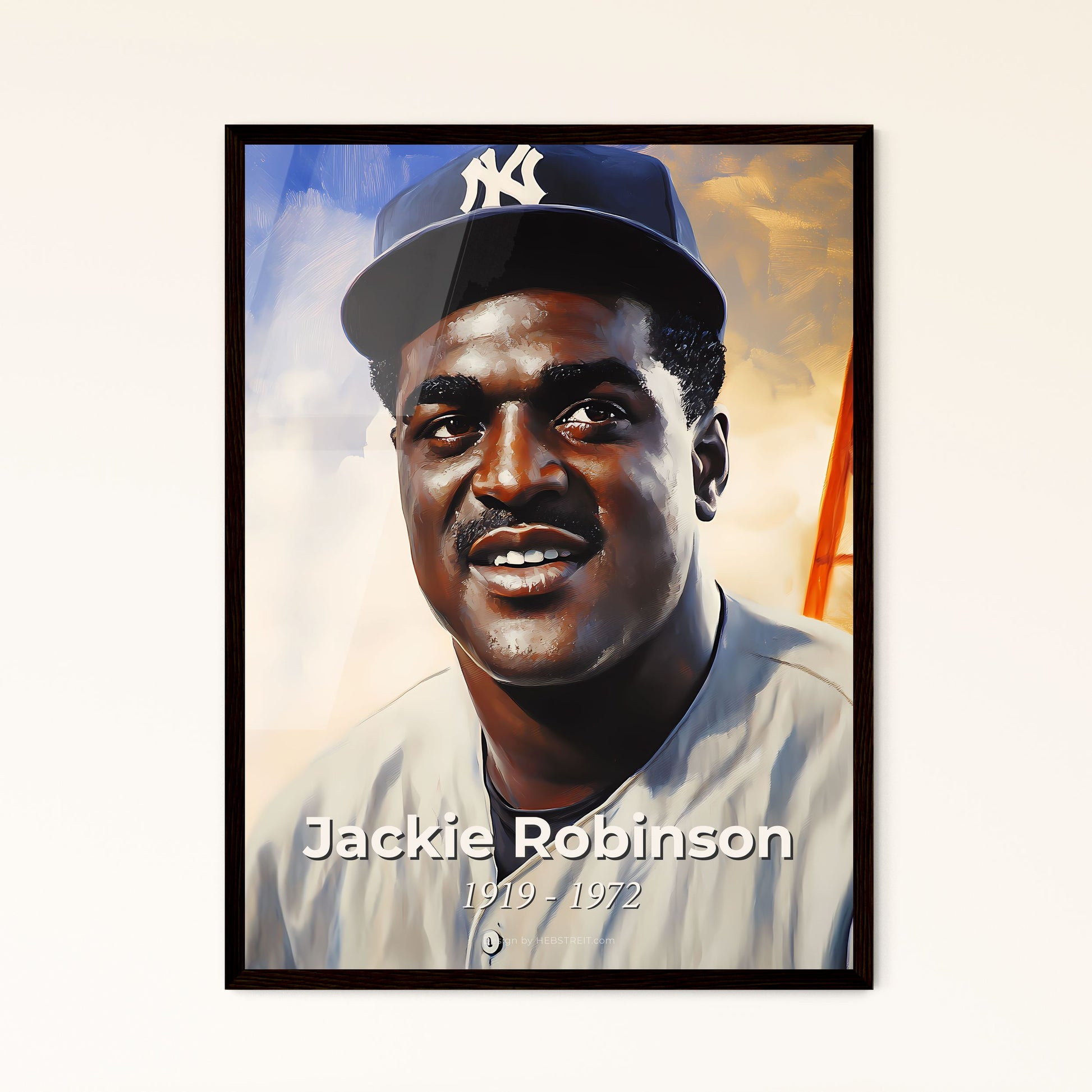 Portrait of Jackie Robinson, 1919 - 1972. Impressionistic painting of a man wearing a baseball cap.