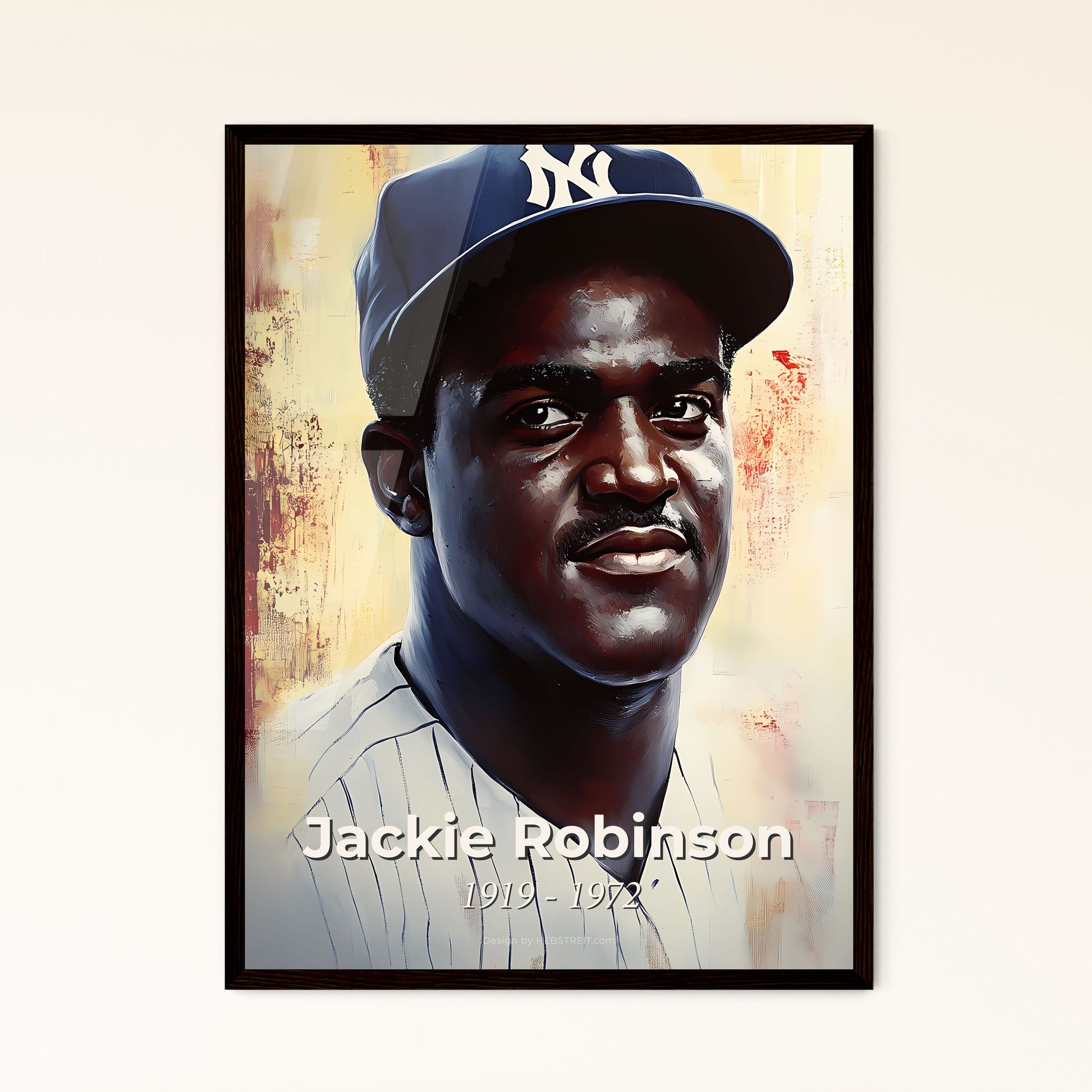 Portrait of Jackie Robinson, 1919 - 1972. Impressionistic painting of a man wearing a baseball cap.