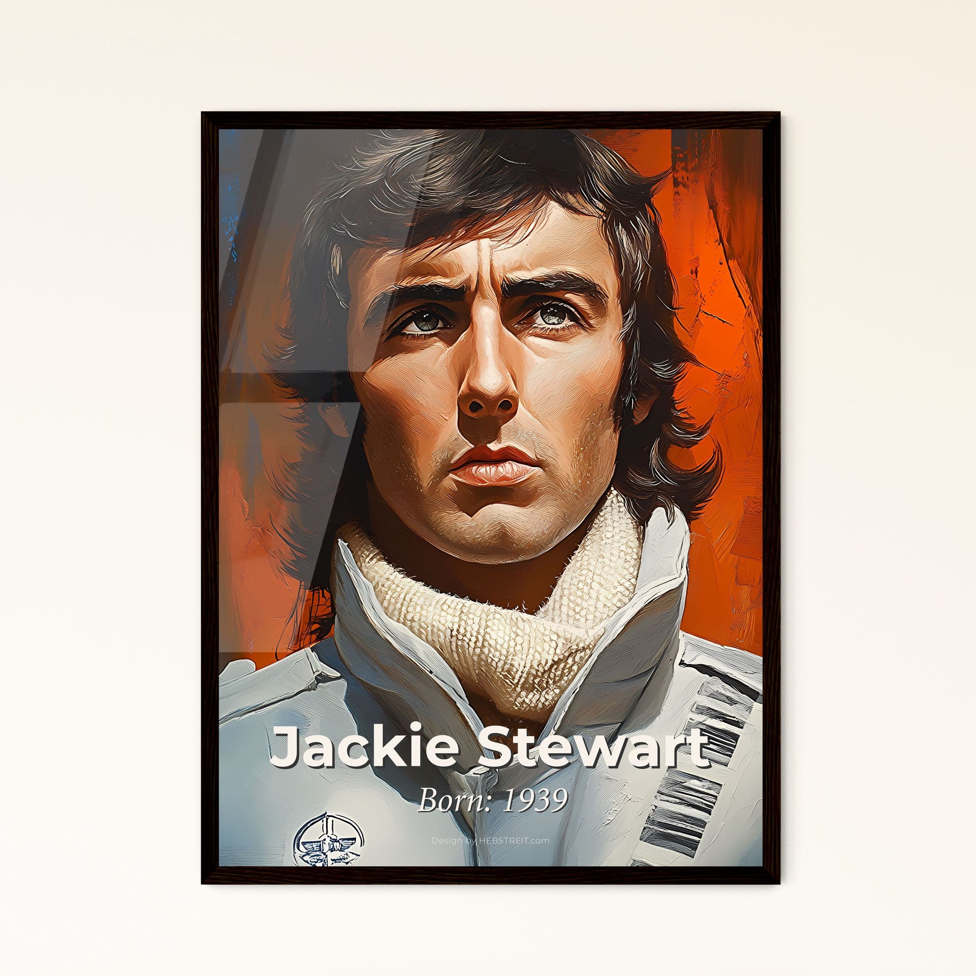 Portrait of Jackie Stewart, Born: 1939. Impressionistic painting of a man in a white jacket.