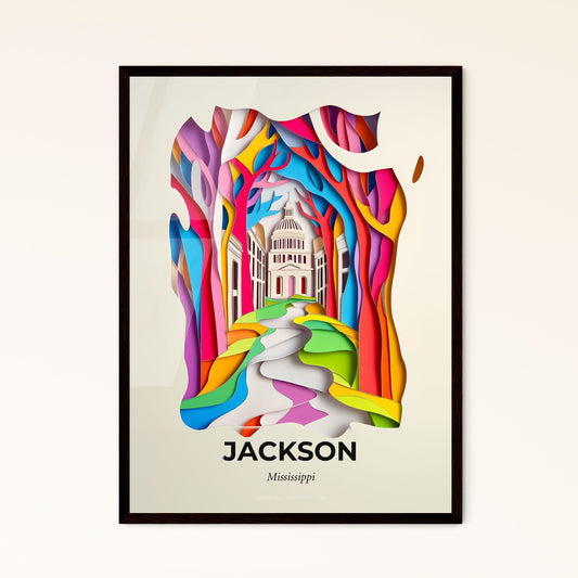 Vivid Jackson, Mississippi - a colorful paper cut of a building in a forest