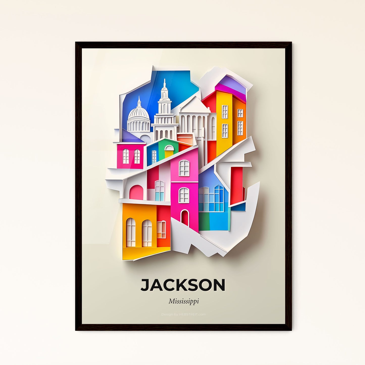 Vivid Jackson, Mississippi - a paper cut of a city with a church