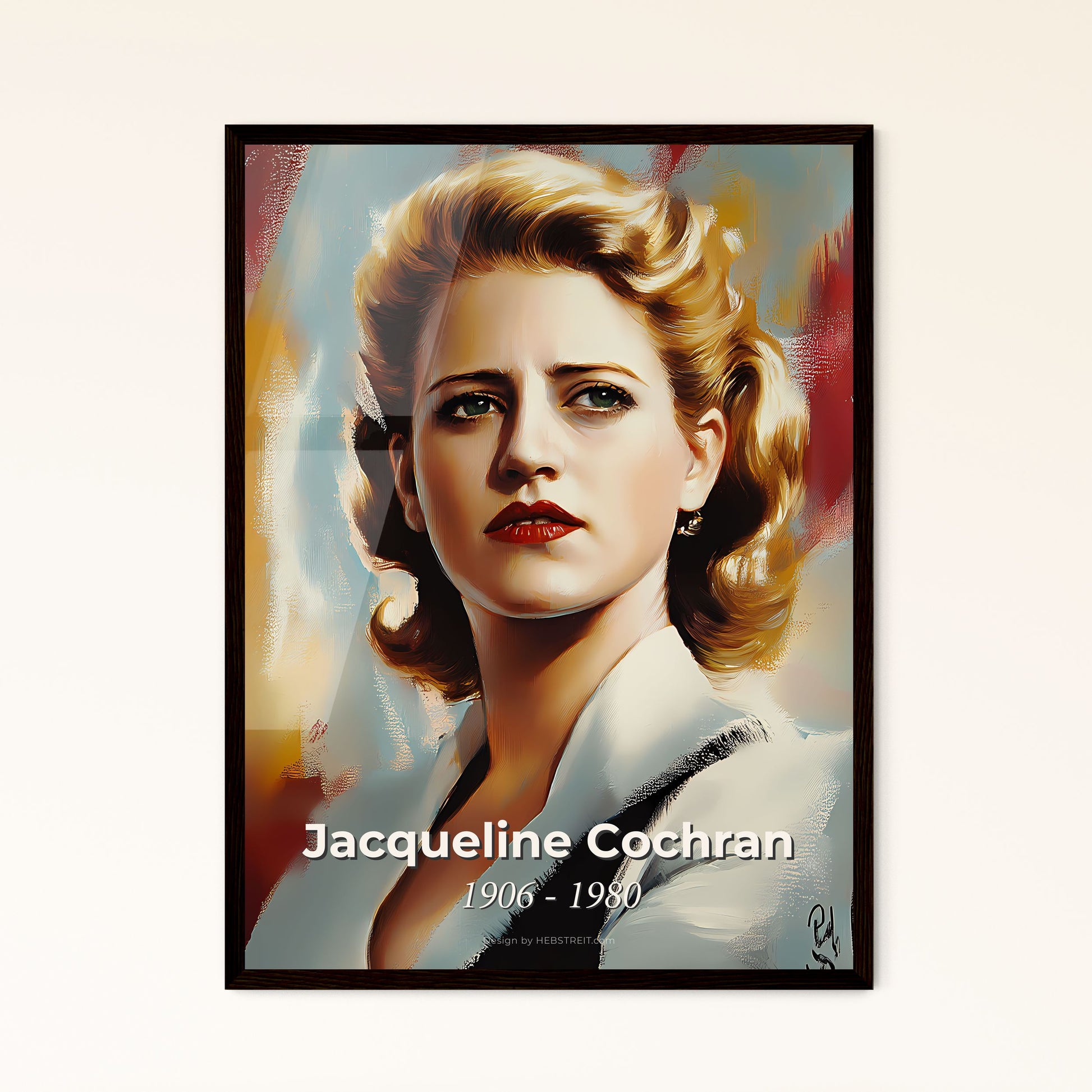 Portrait of Jacqueline Cochran, 1906 - 1980. Impressionistic painting of a woman with blonde hair and red lipstick.