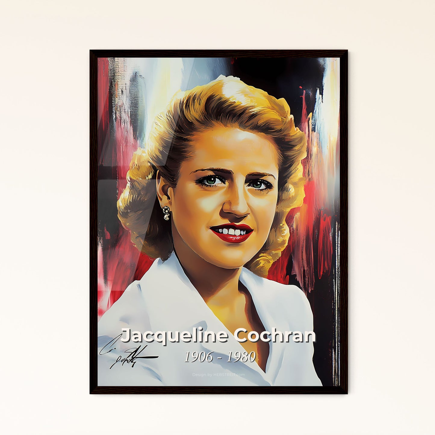 Portrait of Jacqueline Cochran, 1906 - 1980. Impressionistic painting of a woman in a white shirt.