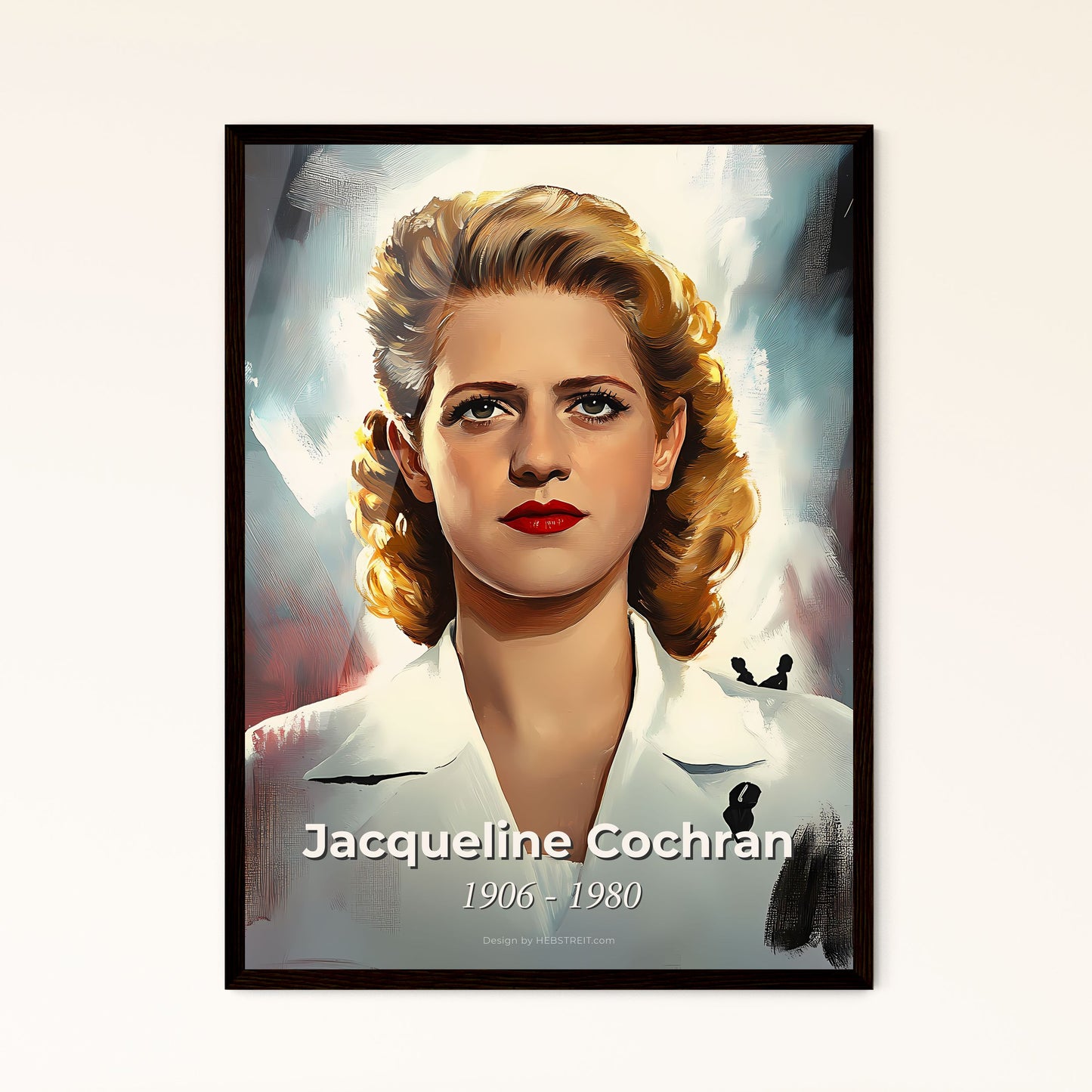 Portrait of Jacqueline Cochran, 1906 - 1980. Impressionistic painting of a woman with blonde hair and red lipstick.