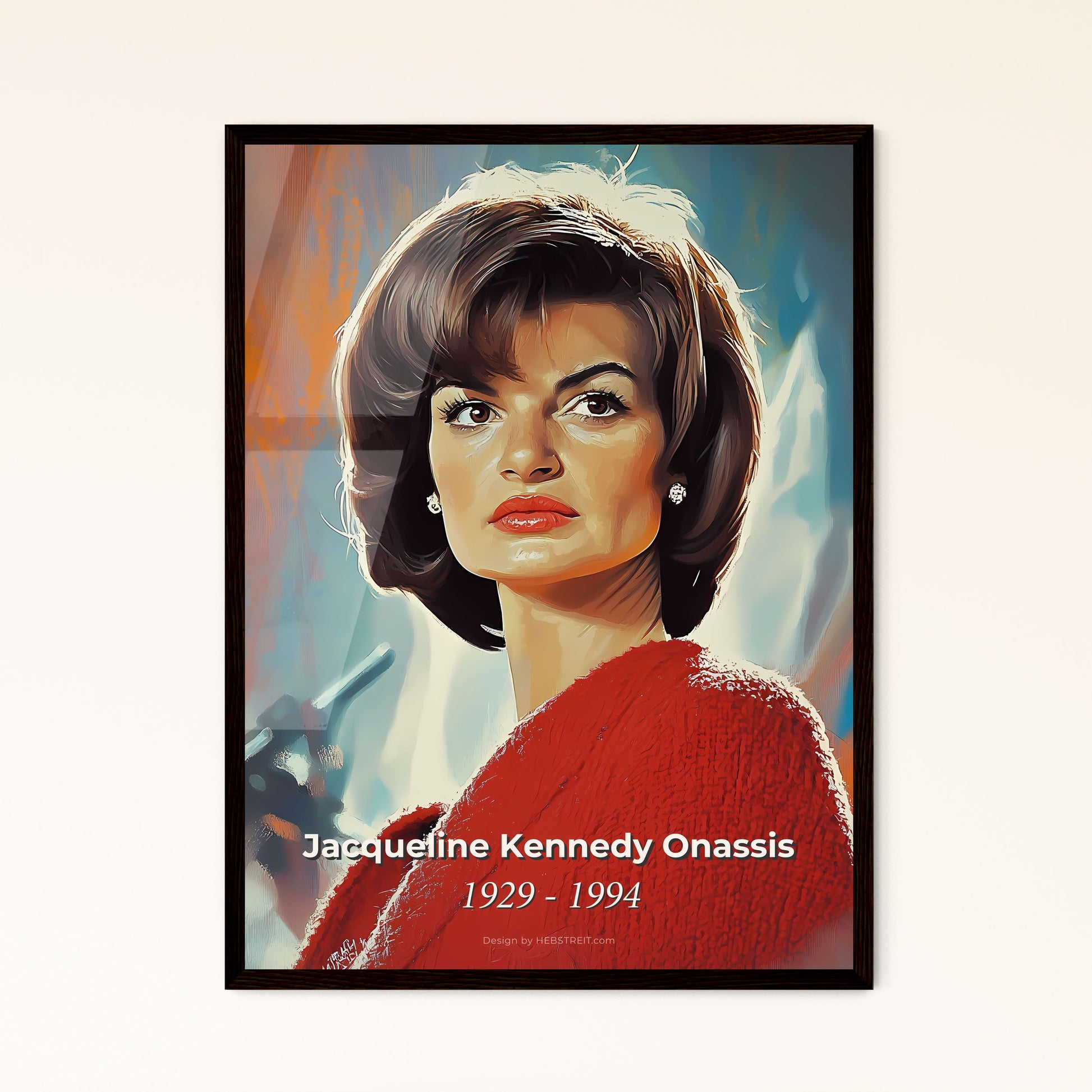 Portrait of Jacqueline Kennedy Onassis, 1929 - 1994. Impressionistic painting of a woman with short hair wearing a red coat.