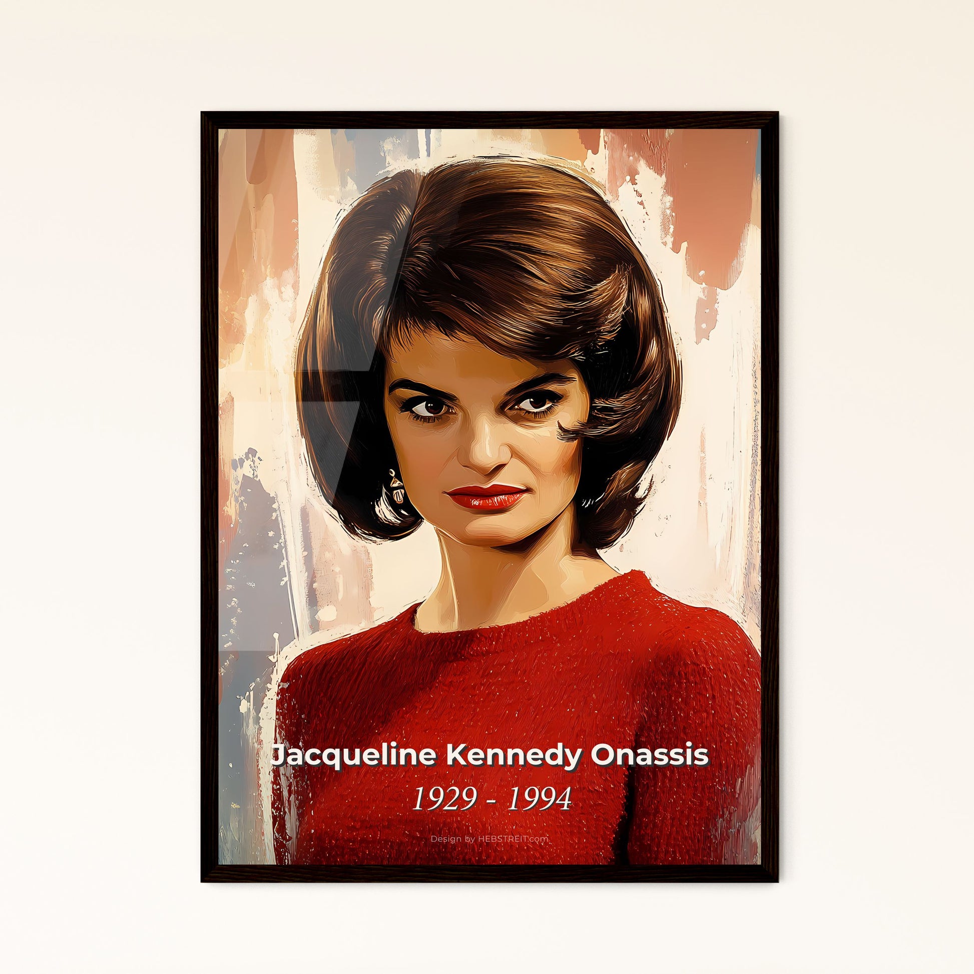 Portrait of Jacqueline Kennedy Onassis, 1929 - 1994. Impressionistic painting of a woman with short hair wearing a red sweater.