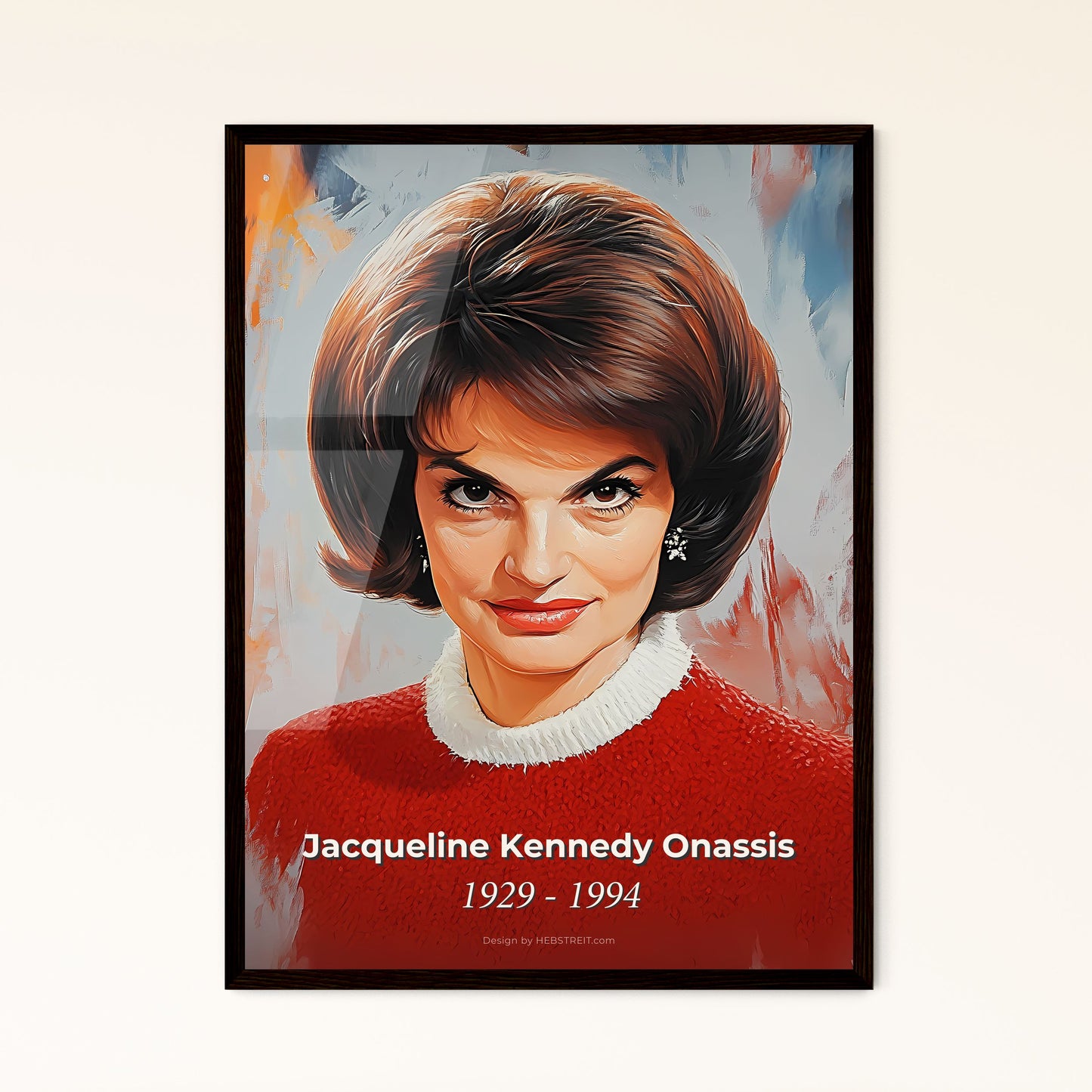 Portrait of Jacqueline Kennedy Onassis, 1929 - 1994. Impressionistic painting of a woman with short hair wearing a red sweater.