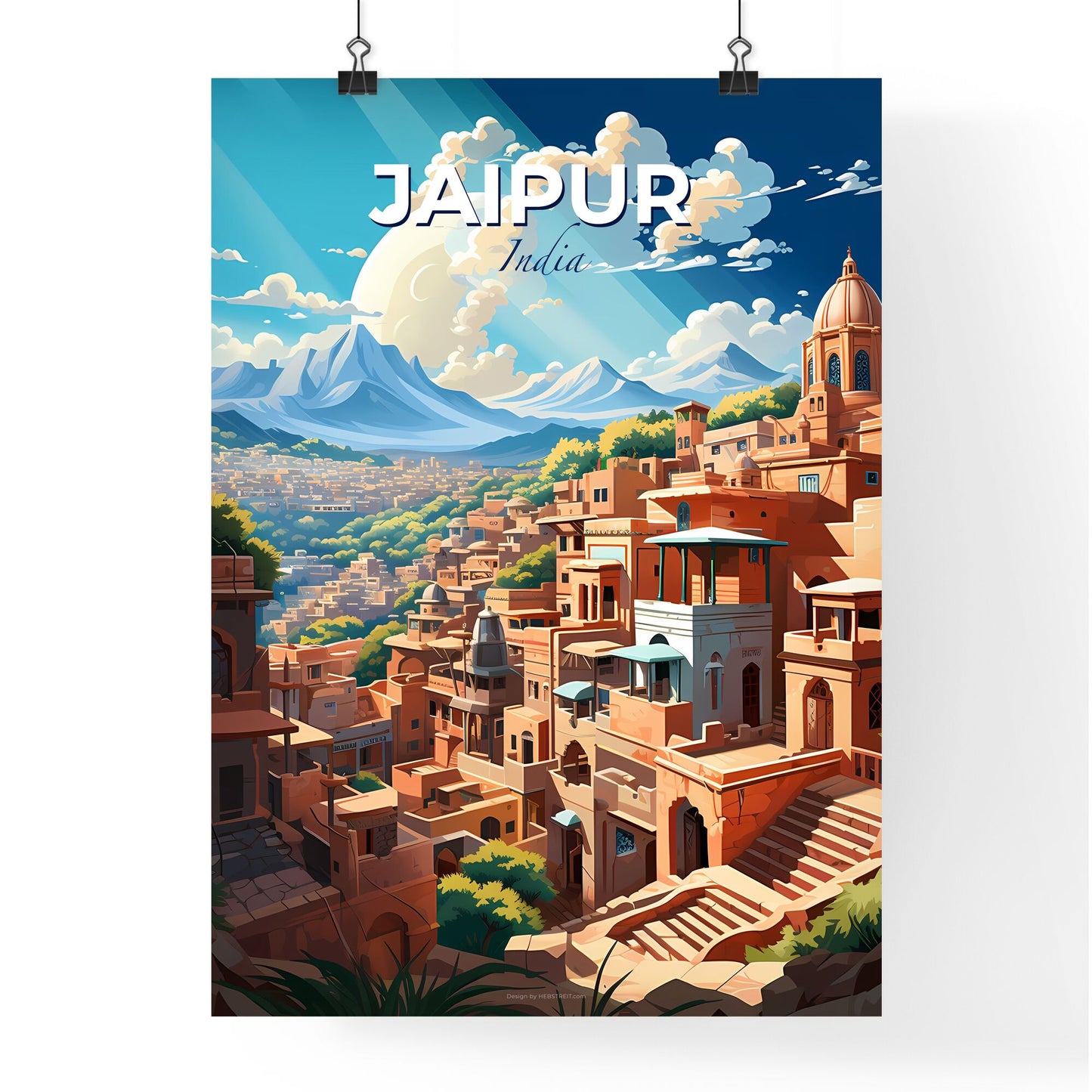 Panoramic Skyline Illustration of Jaipur India Depicting City With Mountains and Trees Default Title