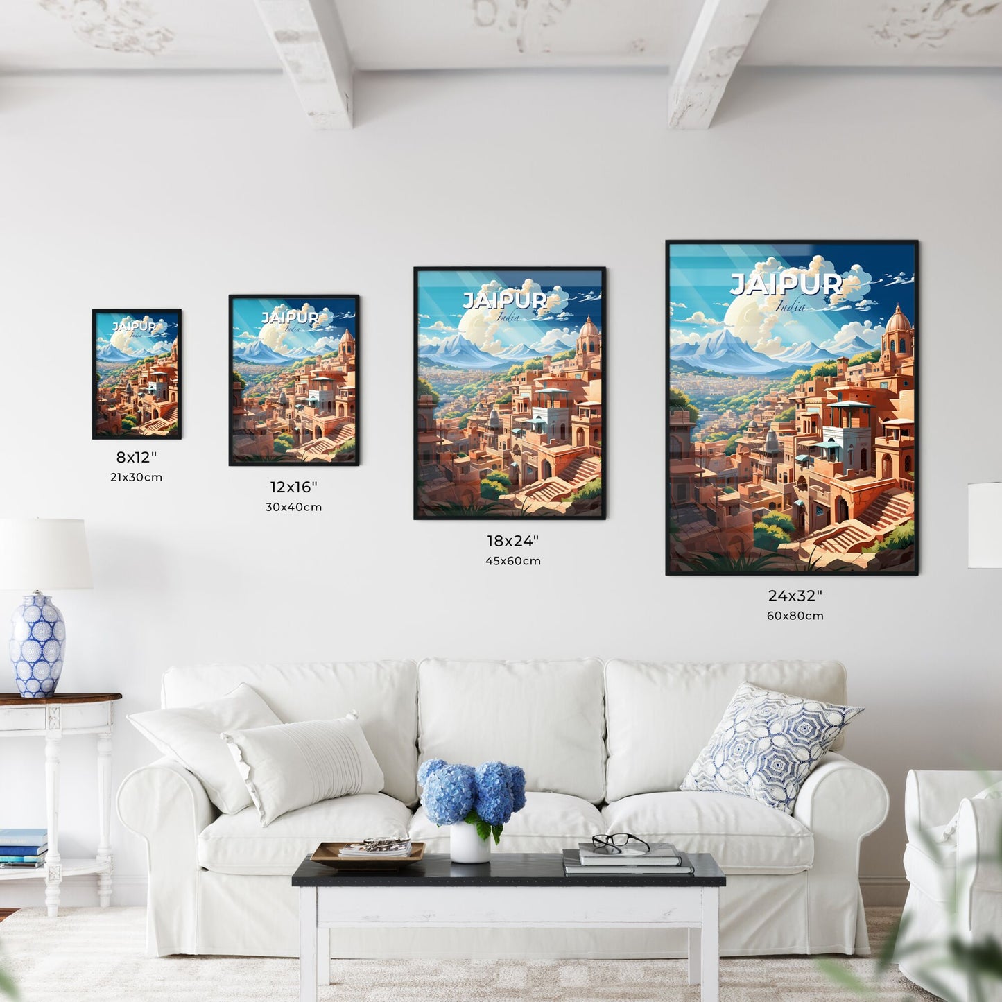 Panoramic Skyline Illustration of Jaipur India Depicting City With Mountains and Trees Default Title