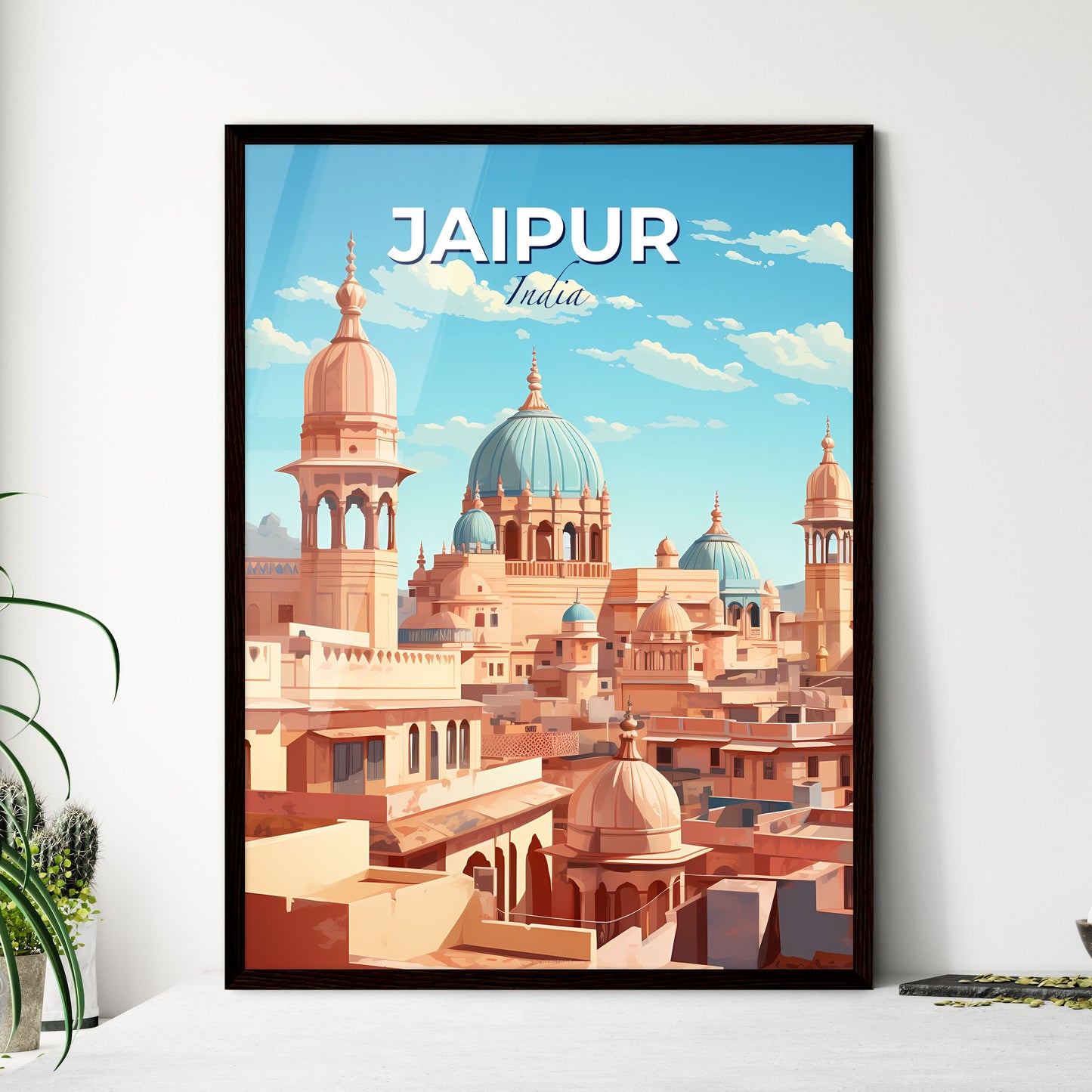 Vibrant Painting of Jaipur Skyline India Depicting Architectural Beauty with Domes and Azure Sky Default Title