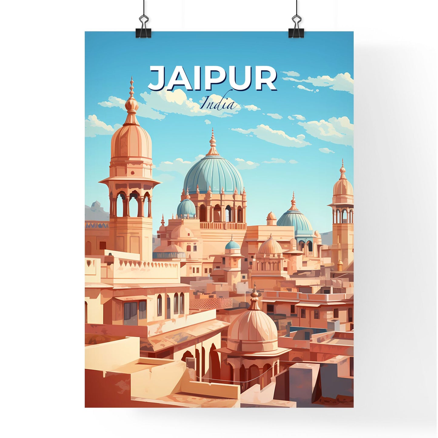 Vibrant Painting of Jaipur Skyline India Depicting Architectural Beauty with Domes and Azure Sky Default Title