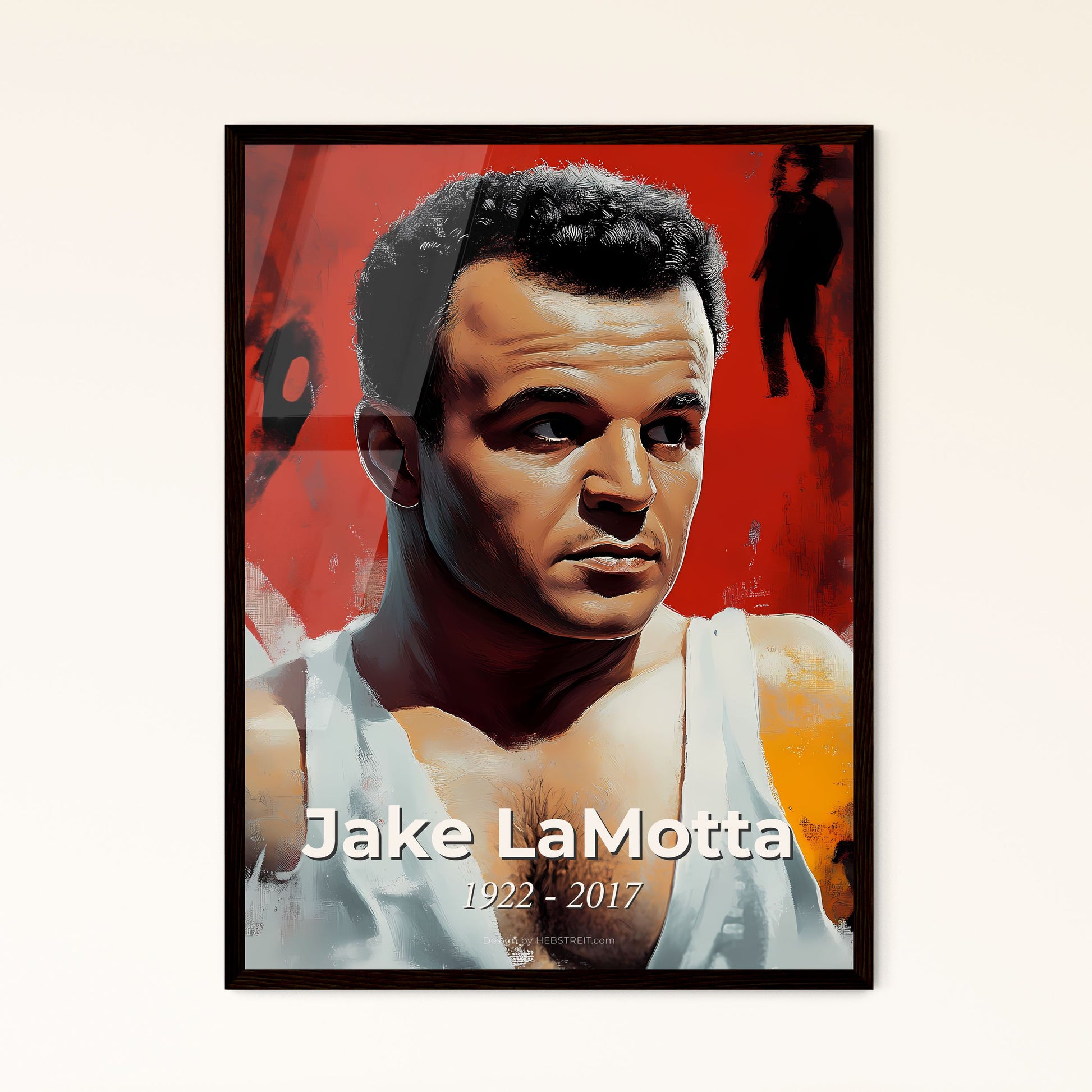 Portrait of Jake LaMotta, 1922 - 2017. Impressionistic painting of a man in a white tank top.