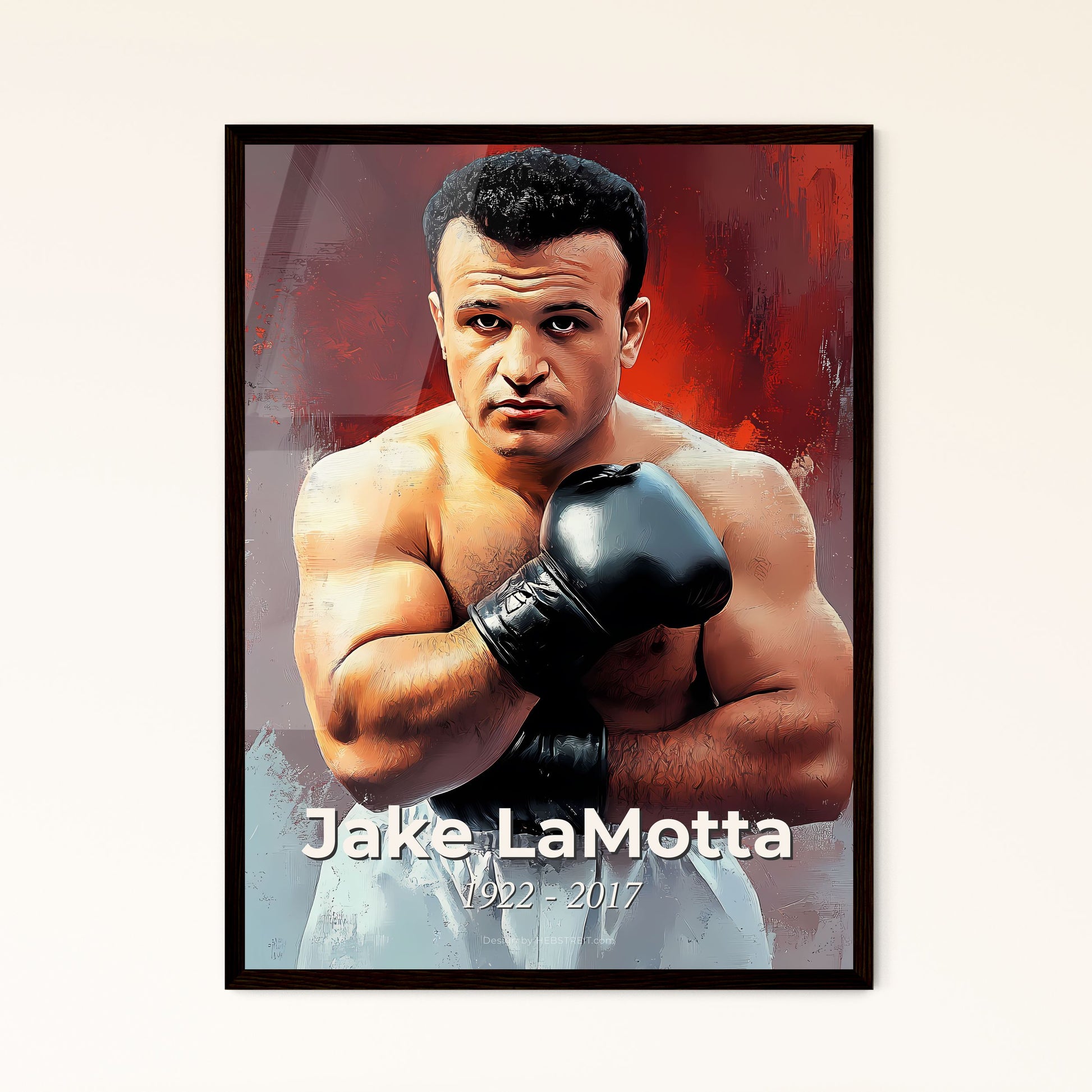 Portrait of Jake LaMotta, 1922 - 2017. Impressionistic painting of a man wearing boxing gloves.