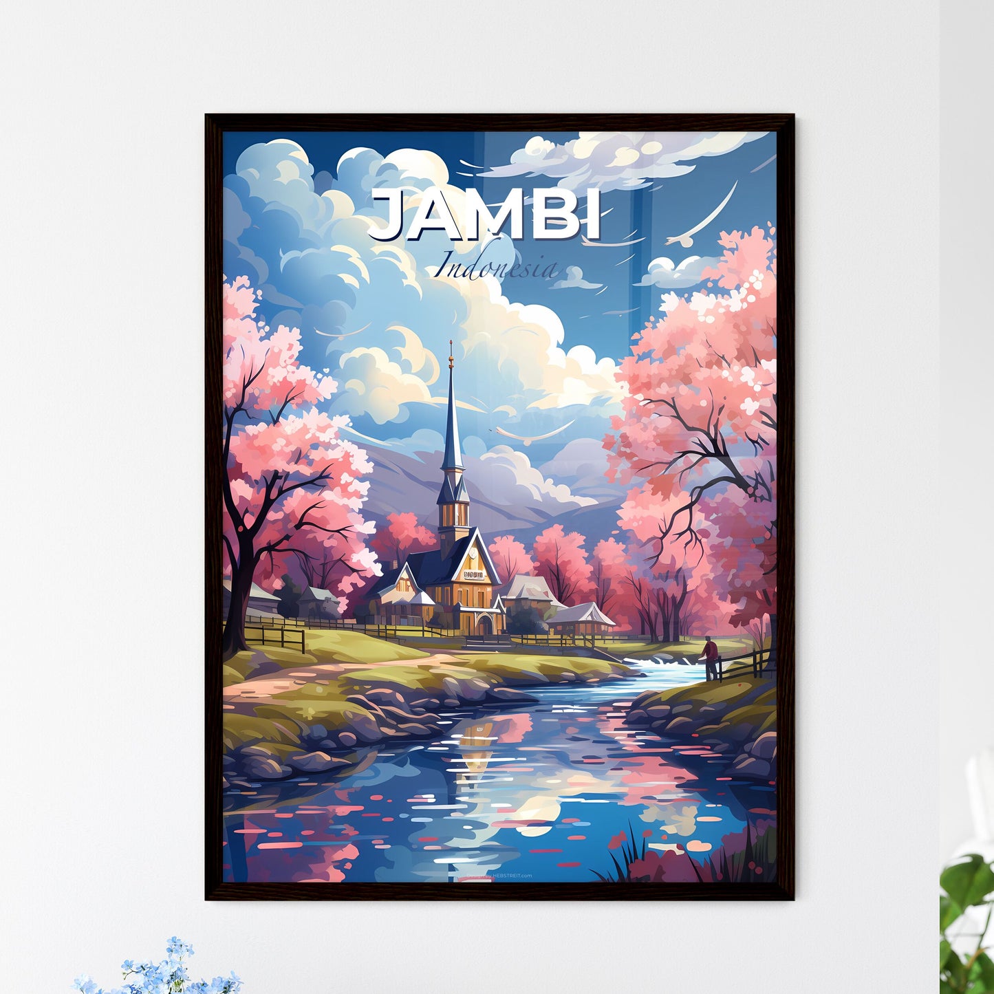 Modern Art Painting of Jambi Indonesia Skyline Featuring Artistic Depiction of Church and River Default Title