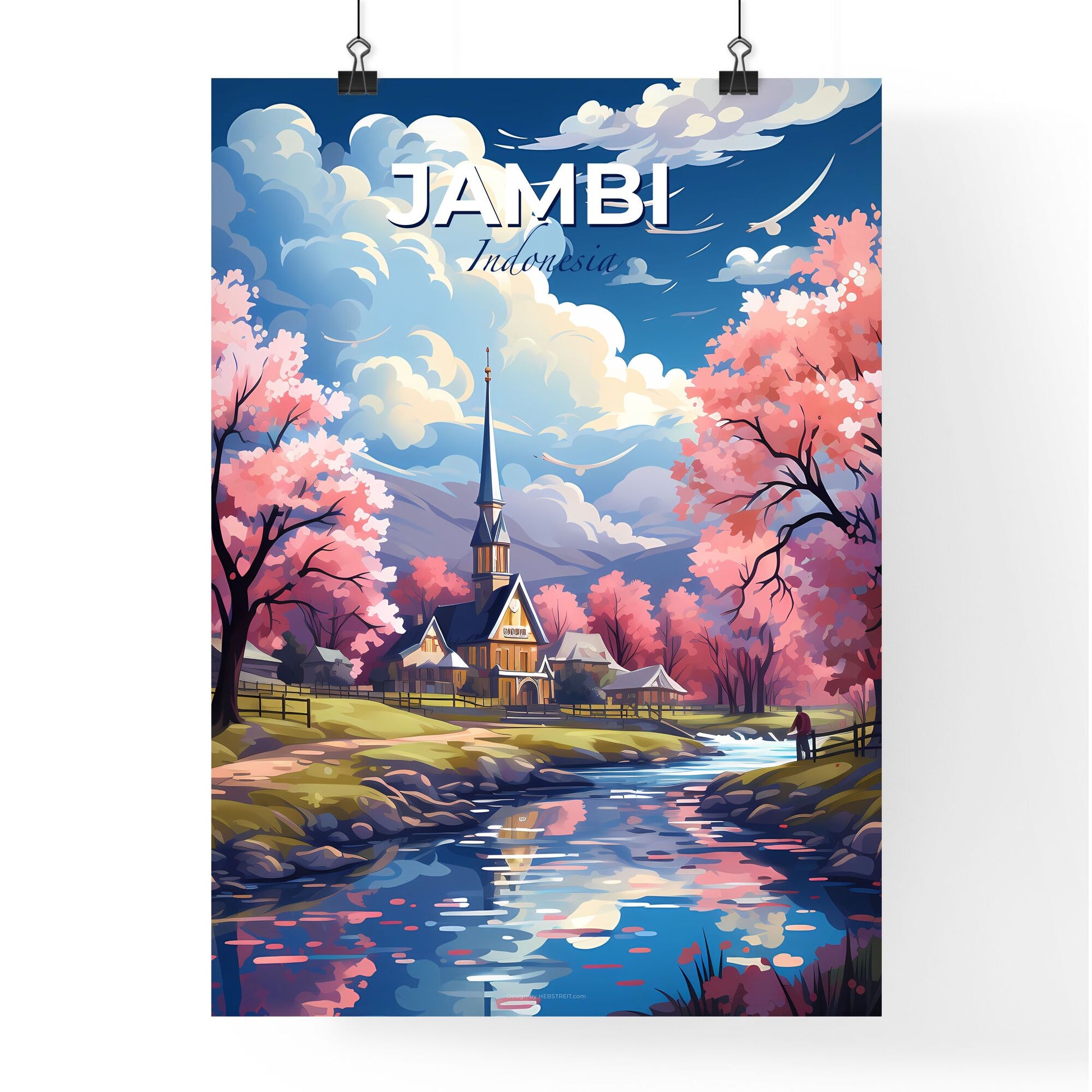 Modern Art Painting of Jambi Indonesia Skyline Featuring Artistic Depiction of Church and River Default Title