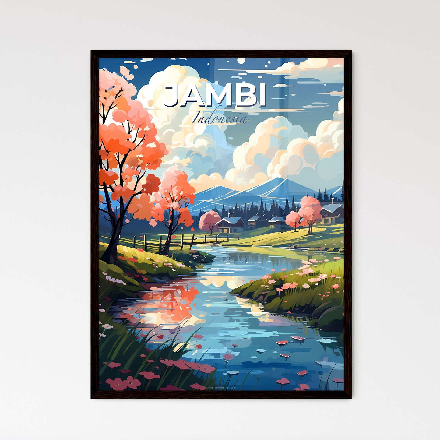 Vibrant Art Depiction of Jambi Indonesia Skyline River Valley Trees Flowers Default Title