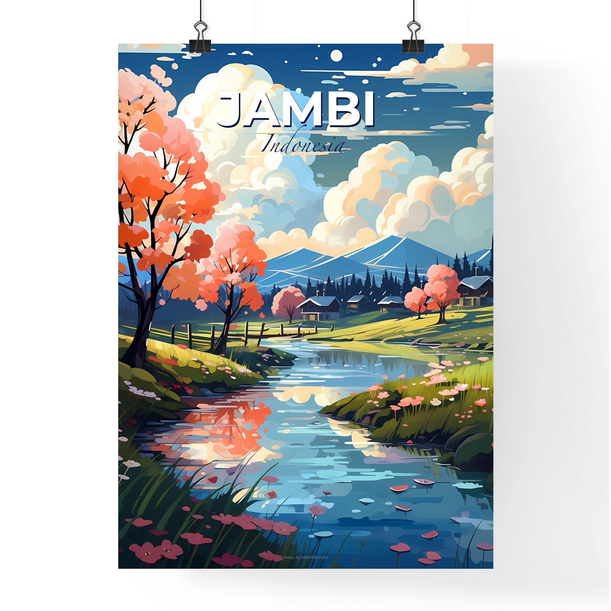 Vibrant Art Depiction of Jambi Indonesia Skyline River Valley Trees Flowers Default Title