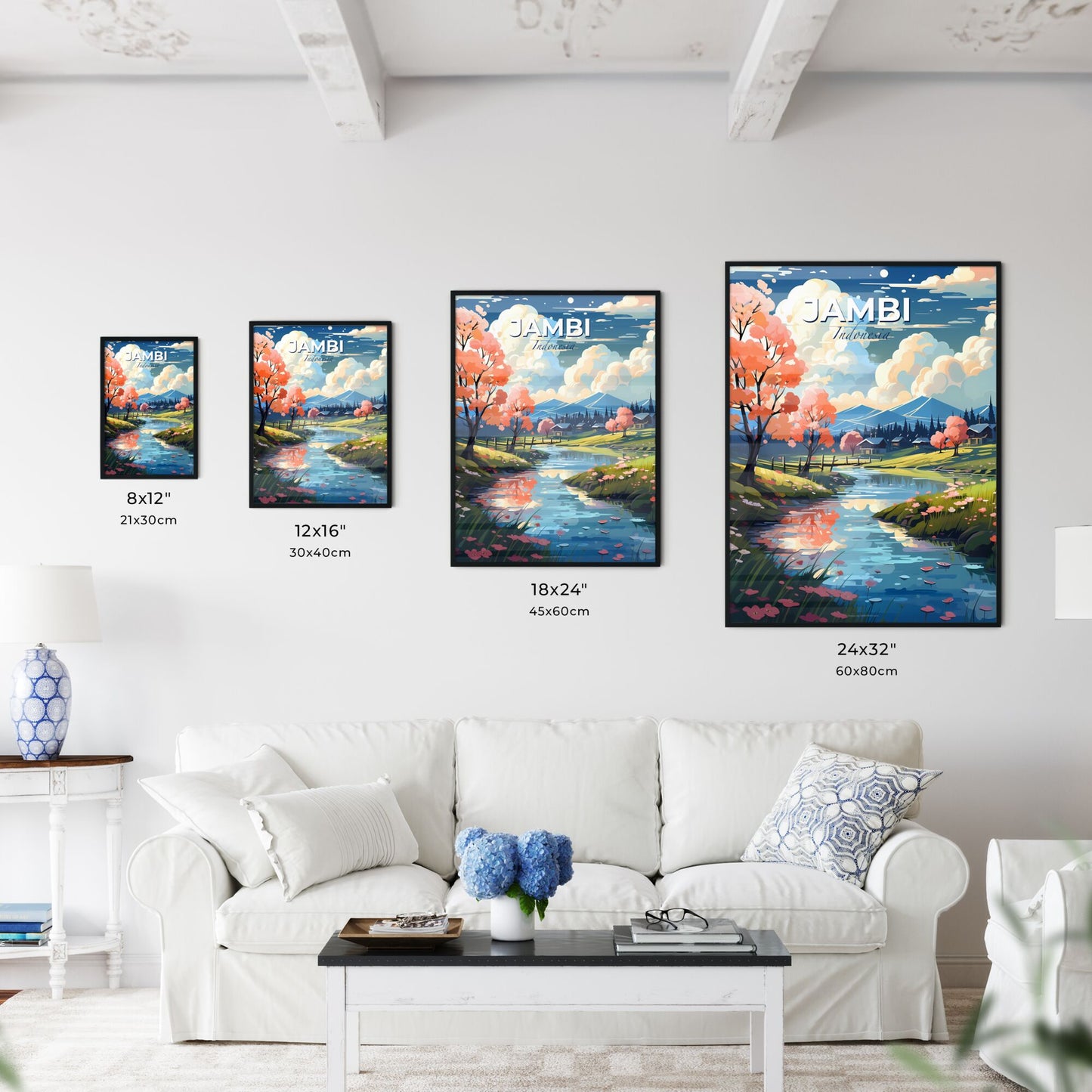 Vibrant Art Depiction of Jambi Indonesia Skyline River Valley Trees Flowers Default Title