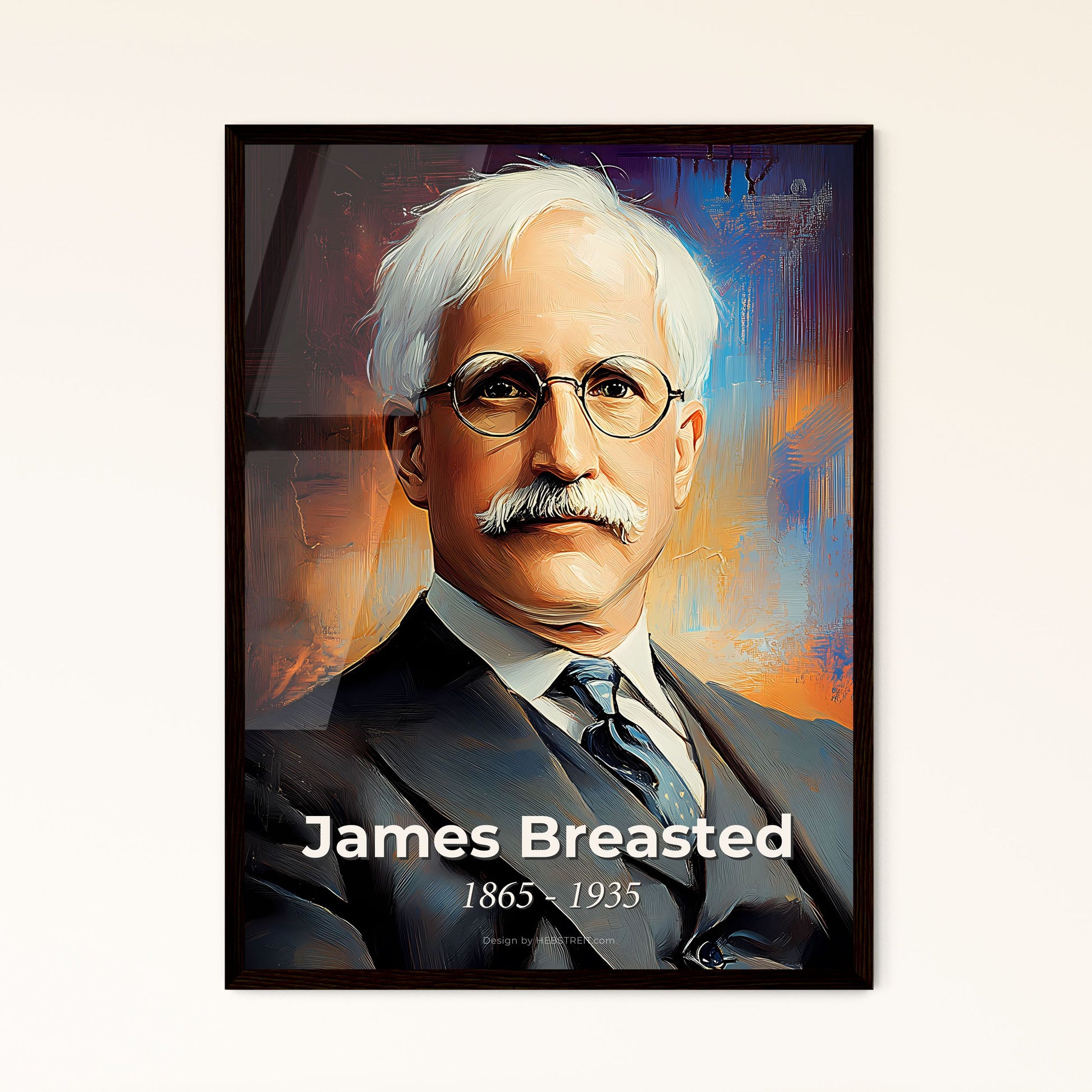 Portrait of James Breasted, 1865 - 1935. Impressionistic painting of a man with white hair wearing glasses and a suit.