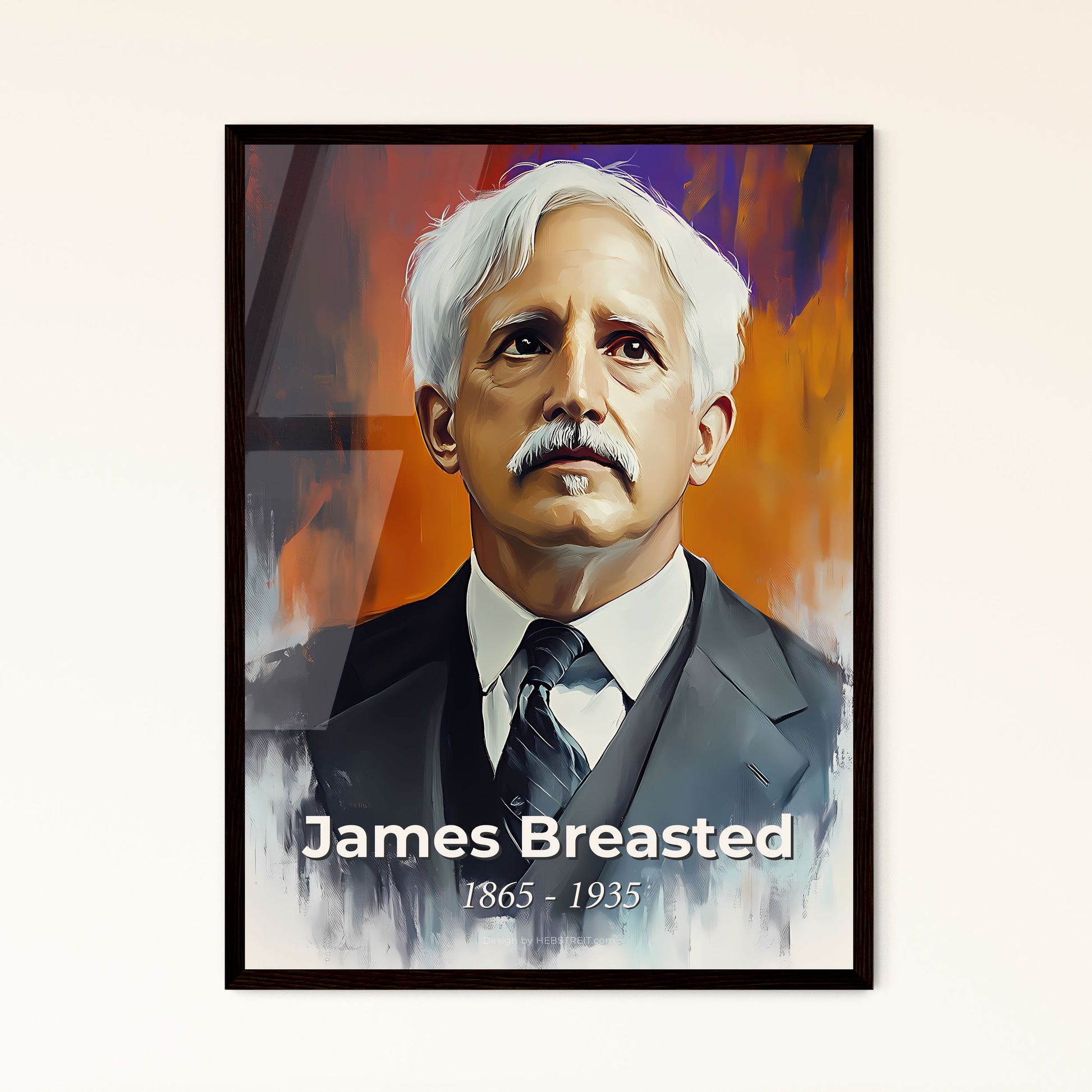 Portrait of James Breasted, 1865 - 1935. Impressionistic painting of a man with white hair and a mustache in a suit and tie.