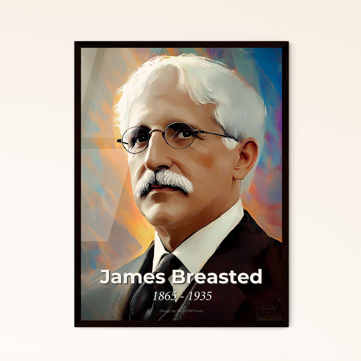 Portrait of James Breasted, 1865 - 1935. Impressionistic painting of a man with white hair wearing glasses and a suit.