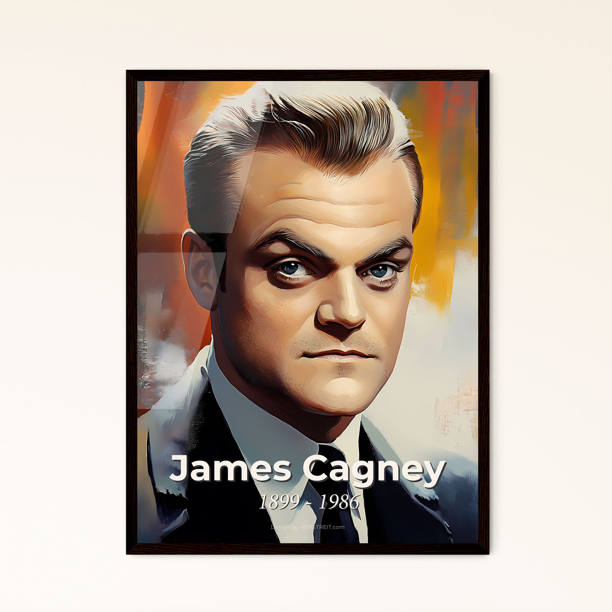 Portrait of James Cagney, 1899 - 1986. Impressionistic painting of a man in a suit and tie.