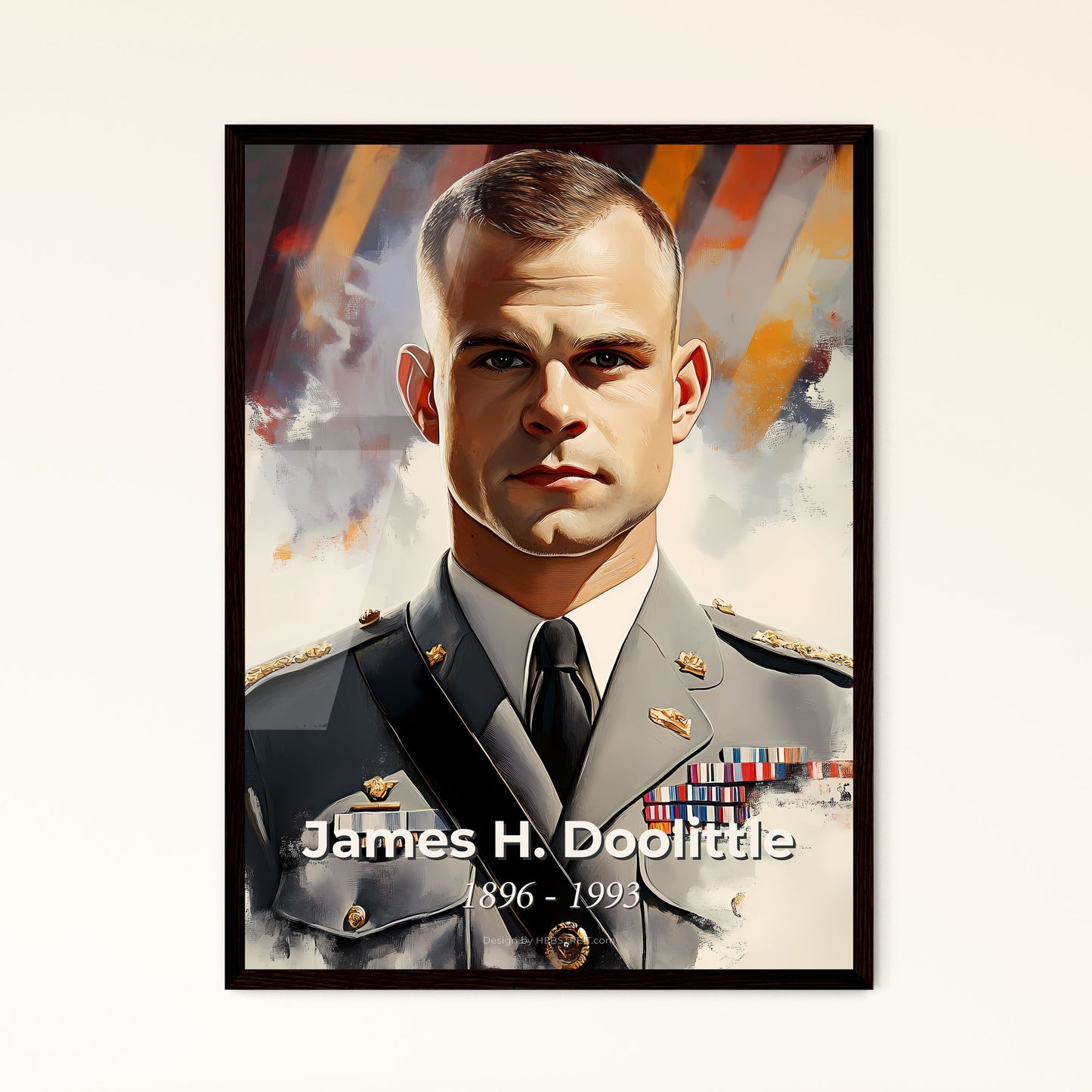 Portrait of James H. Doolittle, 1896 - 1993. Impressionistic painting of a man in a military uniform.