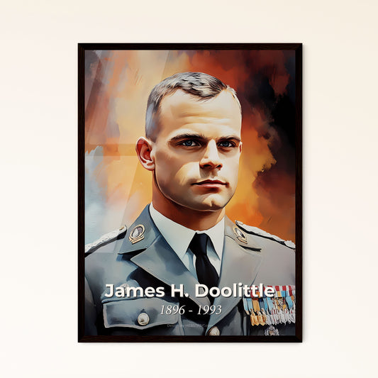 Portrait of James H. Doolittle, 1896 - 1993. Impressionistic painting of a man in a military uniform.