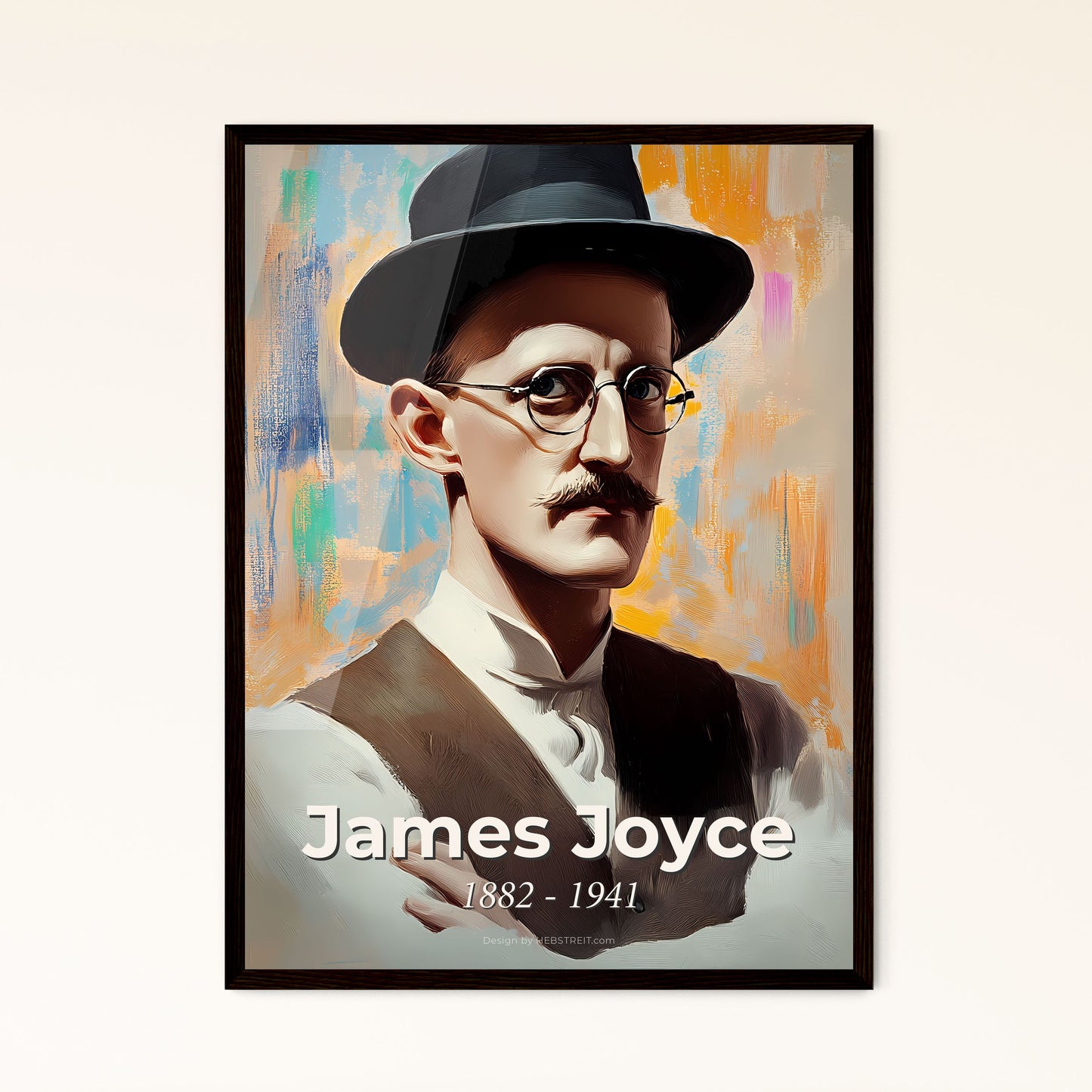 Portrait of James Joyce, 1882 - 1941. Impressionistic painting of a man with a mustache wearing a hat and glasses.