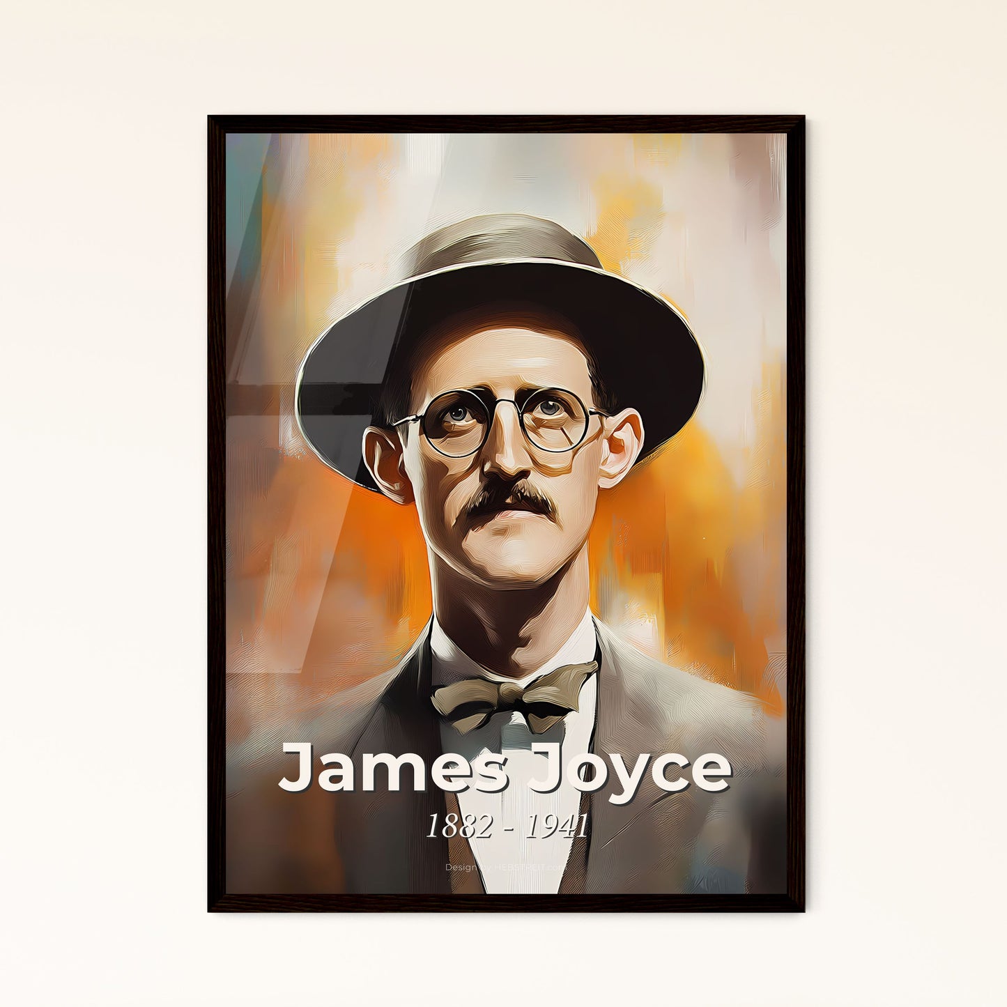 Portrait of James Joyce, 1882 - 1941. Impressionistic painting of a man wearing a hat and glasses.