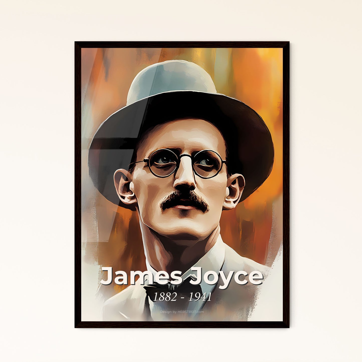 Portrait of James Joyce, 1882 - 1941. Impressionistic painting of a man with a mustache wearing a hat and glasses.