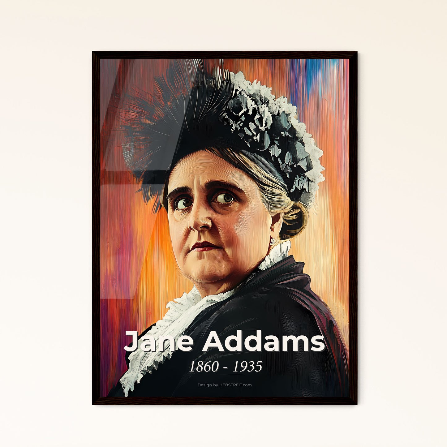 Portrait of Jane Addams, 1860 - 1935. Impressionistic painting of a woman in a black dress.