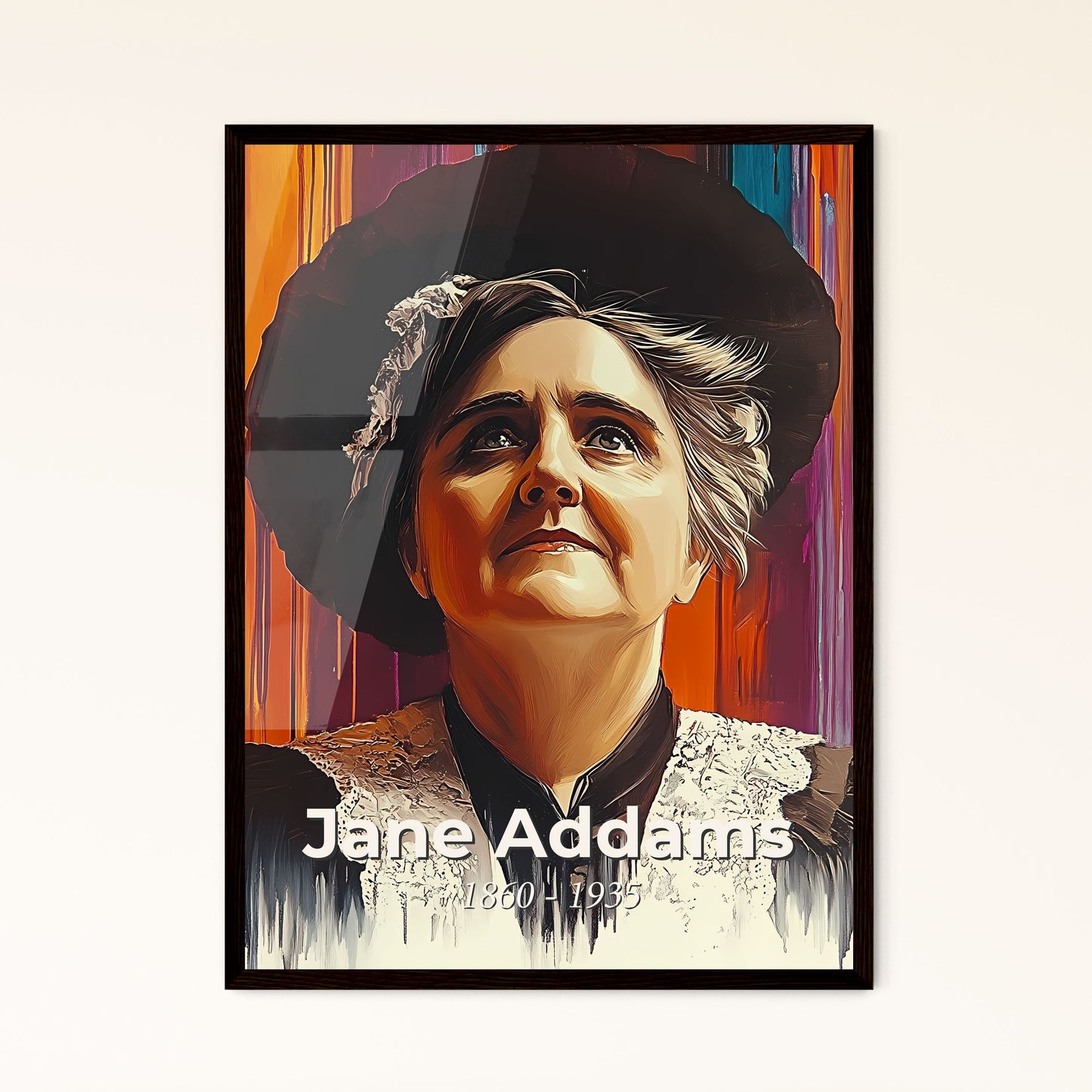 Portrait of Jane Addams, 1860 - 1935. Impressionistic painting of a woman looking up with a hat.