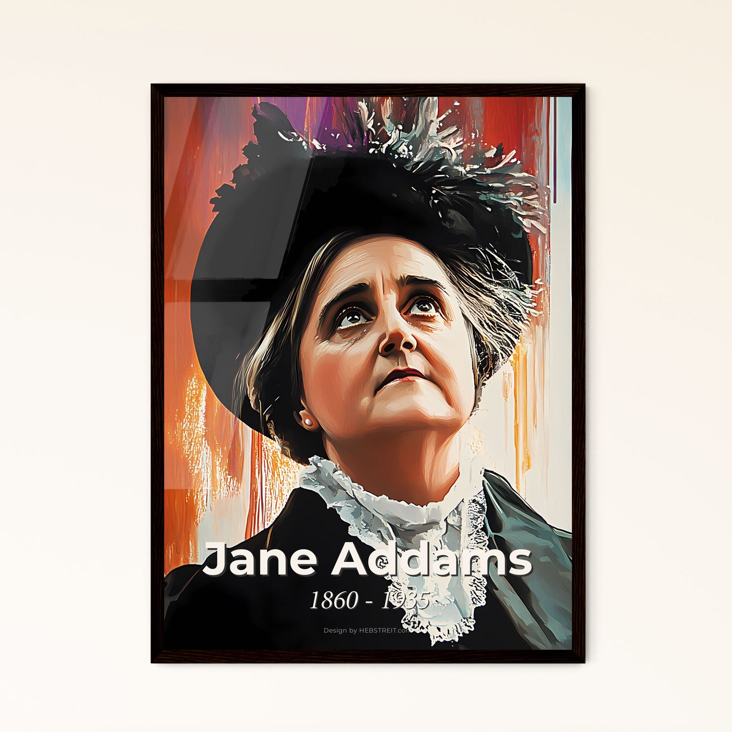 Portrait of Jane Addams, 1860 - 1935. Impressionistic painting of a woman in a hat looking up.